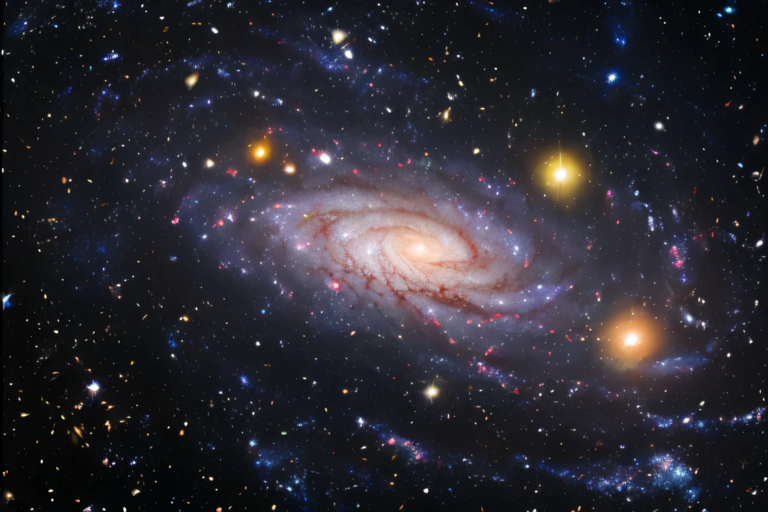 Feder image of a spiral galaxy with a bright red center, huge galaxy, interstellar galaxy, There is a vast galaxy underground, 单一view of spiral galaxy, view of spiral galaxy, near a galaxy, beautiful galaxy, galaxy in the night sky, galaxies and nebulae, huge cosmic existence, galactic light colors, Galaxies and stars