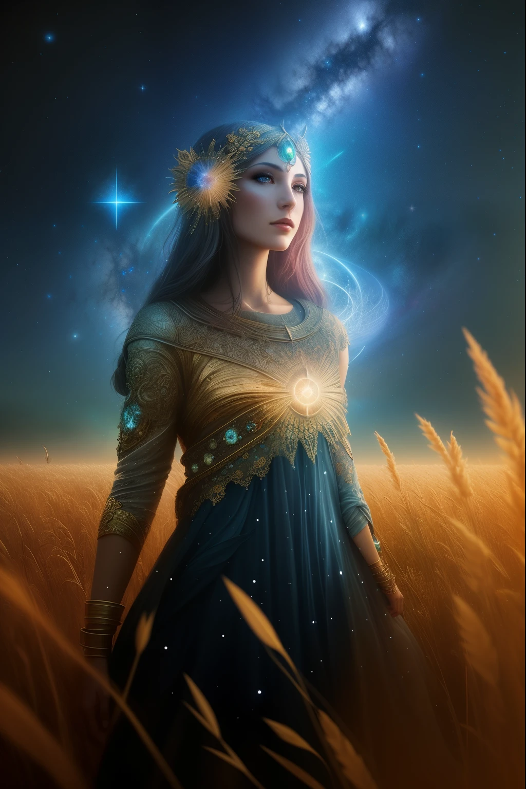 Franco-German image of a woman in a field,There is a star in the sky, portrait of a cosmic goddess, fantasy digital art, digital art fantasy art, a stunning portrait of a goddess, goddess of space and time, digital art fantasy, Heavenly Goddess, cosmic goddess, Goddess of Light, galaxy goddess, beautiful fantasy art, Beautiful digital artwork