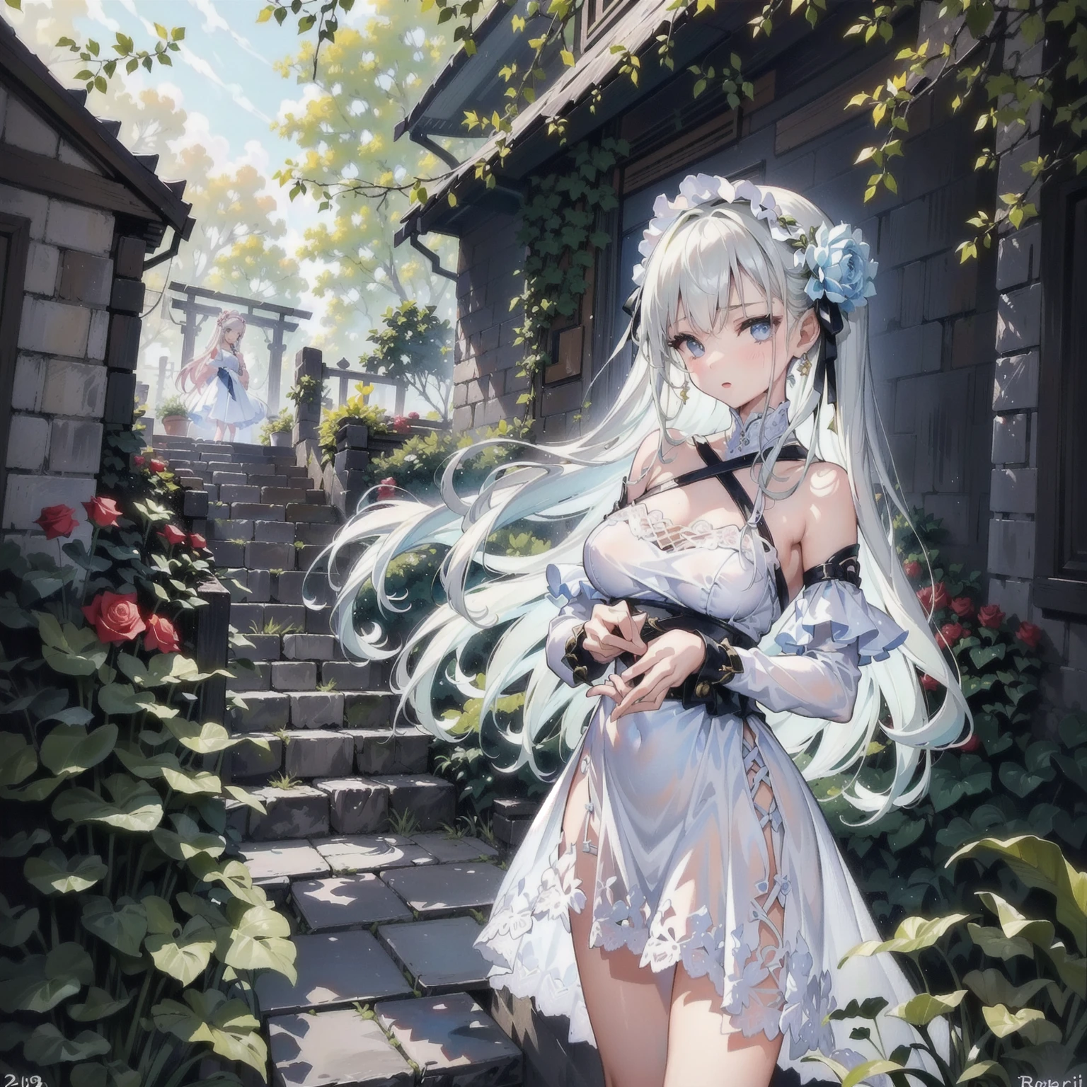 nsfw,(a girl with a pure and innocent face and long flowing hair,in front of a beautiful garden:1.2),(oil painting,realistic),(bright vibrant colors),(the girl is wearing a flowing white dress),(the girl is standing with her back slightly arched,her hands held lightly in front of her),(the boy is standing behind her,smirking with mischief),(the boy forcefully grabs the girl's wrists,making her unable to escape),(the boy's aroused member presses against the girl's body,violating her innocence),(the girl's face shows a mixture of surprise and fear),(the garden is filled with blooming flowers and lush greenery),(the sunlight filters through the trees,casting a warm golden glow on the scene),(the atmosphere is both gentle and erotic,creating a sense of forbidden desire),(the painting is highly detailed,with intricate brushstrokes capturing every delicate feature of the girl's face),(the girl's eyes are wide and innocent,with long fluttering lashes),(the lips are painted with a soft rose color,curved in a mixture of pleasure and distress),(the texture of the oil painting adds depth and richness to the image),(the background is slightly blurred to create a sense of depth and focus on the main subjects),(the overall composition of the painting is balanced and visually captivating),(the brushstrokes are confident and deliberate,showcasing the artist's skill in capturing emotion and detail),(the painting evokes a feeling of both innocence and sensuality,leaving the viewer captivated and intrigued).