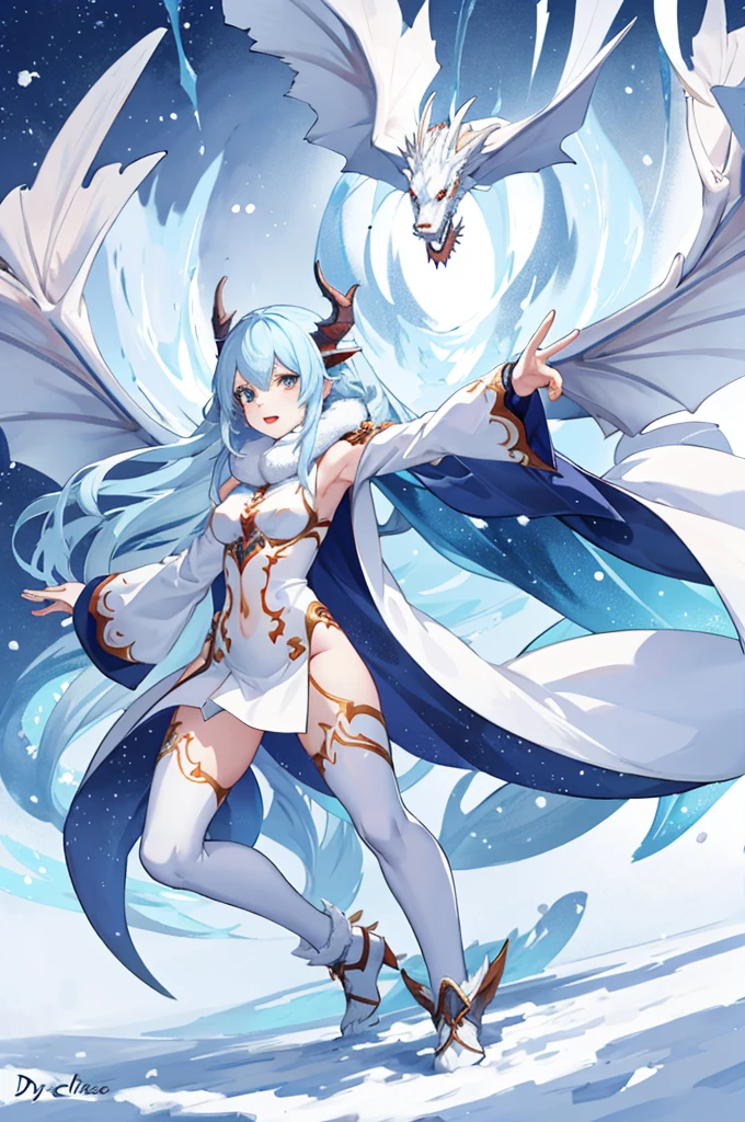 anime girl full body, winter dragon girl, dynamic angle and pose