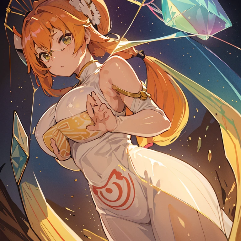 Colored cellophane girl surrounded by firefly jelly、Amazing dynamism、Amazing Angle、A sandstorm of buoyancy and luster、glossy condensation、((((A lot of friendly large prism lenses floating and chasing each other))))、((surround each other'big shingen mochi))、(((large prism mirror)))、(Luminous oversized prism color cellophane with branches)、