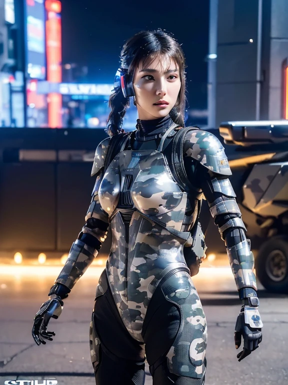 extremely detailed CG unity 16K wallpaper, (raw photography, cyberpunk:1.3), science fiction, (photorealistic, highest quality, masterpiece:1.2), (correct anatomy:1.5), POV, (from front:1.4), (from blow:1.1), dynamic angle, 1 girl, ((female soldier with mechanize body:1.4)), solo, ((full body shot:1.2)), black hair, ponytail, fairly detailed skin, tan, realistic and bright eyes, highly detailed nose and lips, expressionless, ((camouflaged-body armor, equipped with jet pack:1.5)), (((flying, holding 1 large blaster rifle:1.3))), slender, medium breast, (((outdoor, daytime, futuristic city, battlefield, shootout:1.5))), cinematic lighting, professional photo, depth of field, sharp focus, highest resolution, ultra high res
