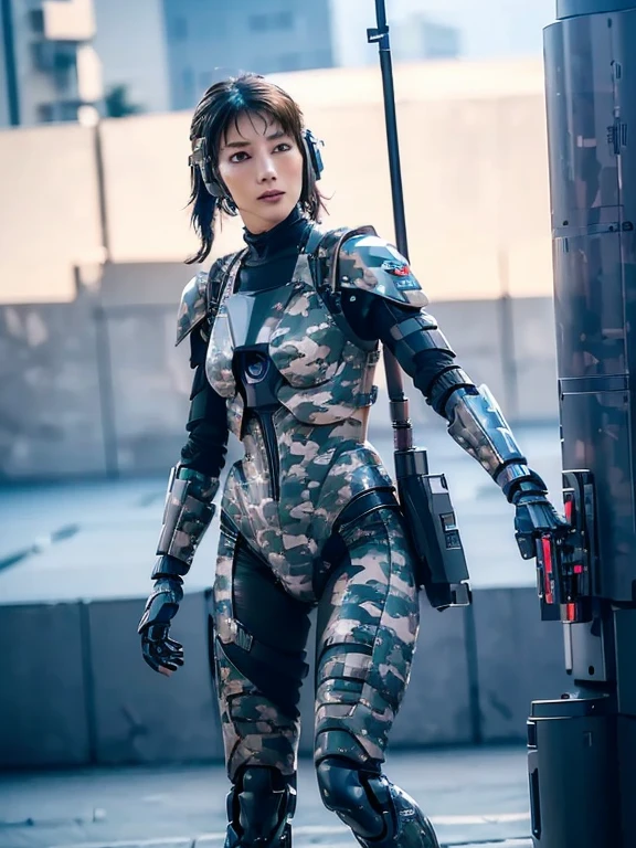 extremely detailed CG unity 16K wallpaper, (raw photography, cyberpunk:1.3), science fiction, (photorealistic, highest quality, masterpiece:1.2), (correct anatomy:1.5), POV, (from front:1.4), (from blow:1.1), dynamic angle, 1 girl, ((female soldier with mechanize body:1.4)), solo, ((full body shot:1.2)), black hair, ponytail, fairly detailed skin, tan, realistic and bright eyes, highly detailed nose and lips, expressionless, ((camouflaged-body armor, equipped with jet pack:1.5)), (((flying, holding 1 large blaster rifle:1.3))), slender, medium breast, (((outdoor, daytime, futuristic city, battlefield, shootout:1.5))), cinematic lighting, professional photo, depth of field, sharp focus, highest resolution, ultra high res