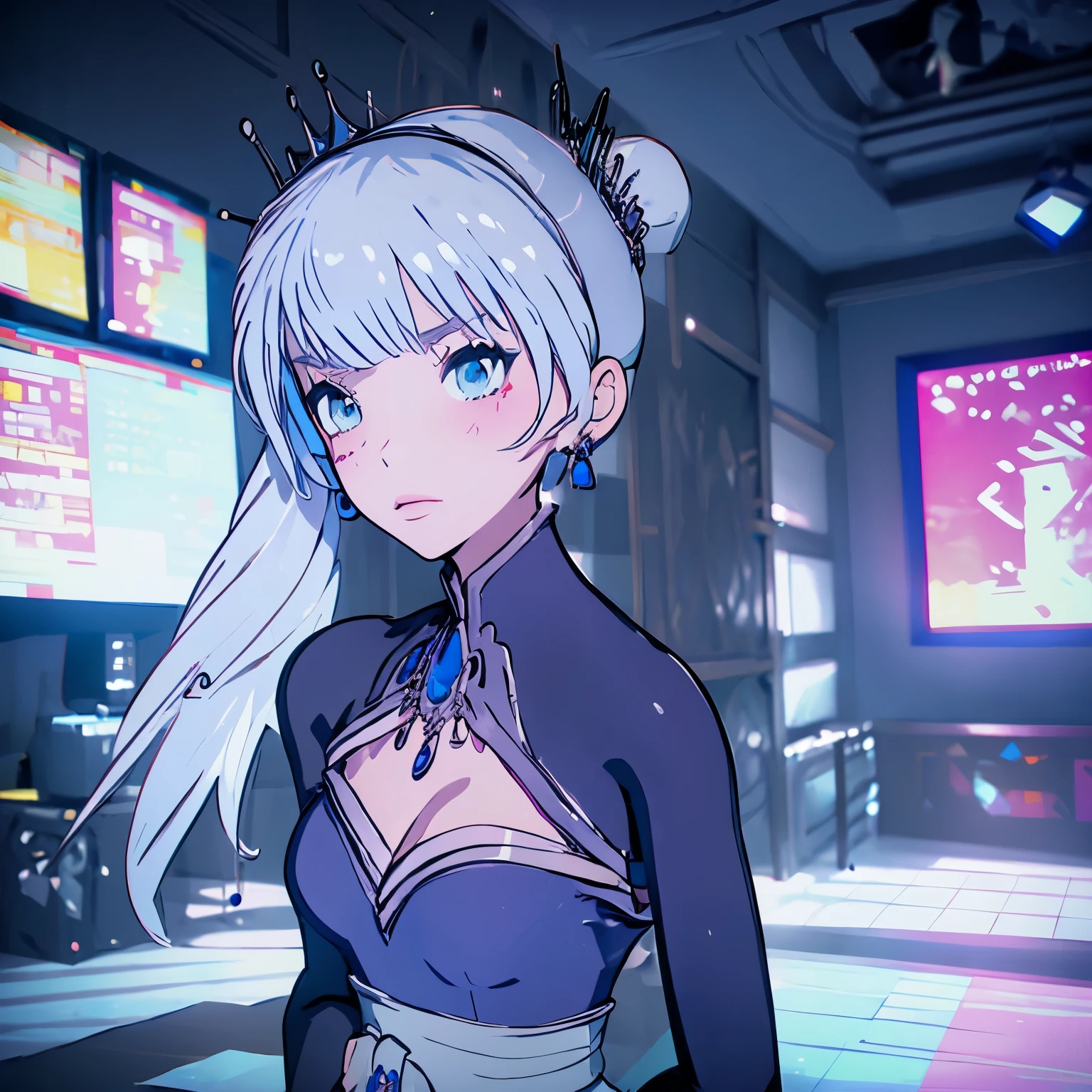 Anime girl with white hair and blue eyes in a room - SeaArt AI