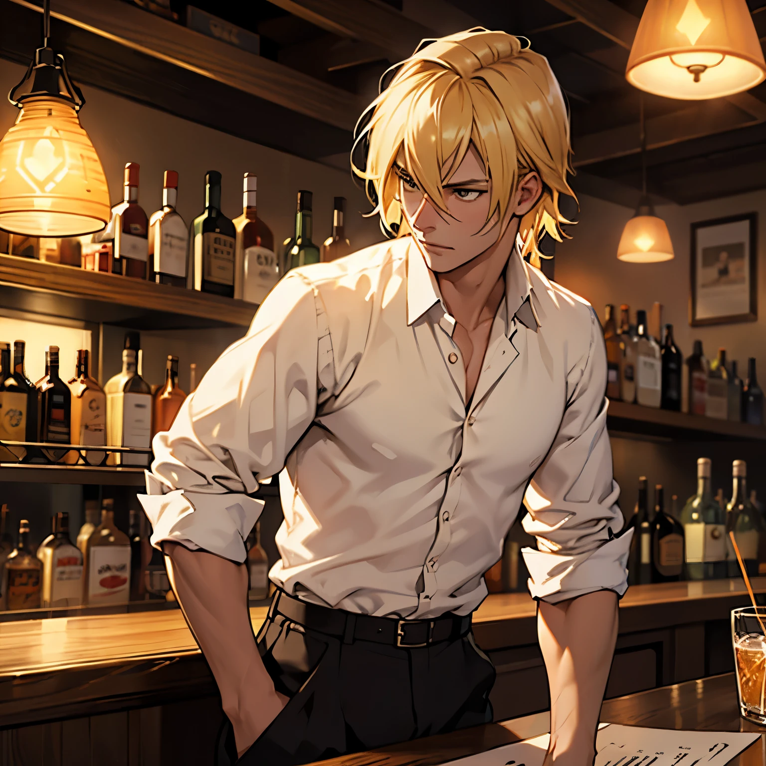 ember, 30 years, blond hair, white  shirt, bristle, pants, Cold light, in a bar, severe