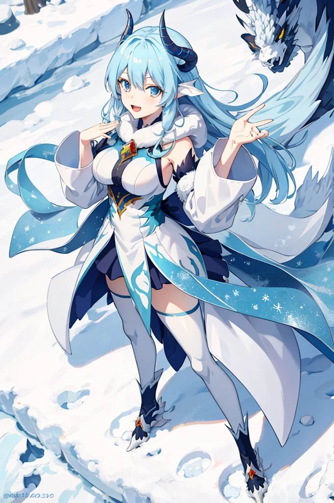 anime girl full body, winter dragon girl, dynamic pose, from above