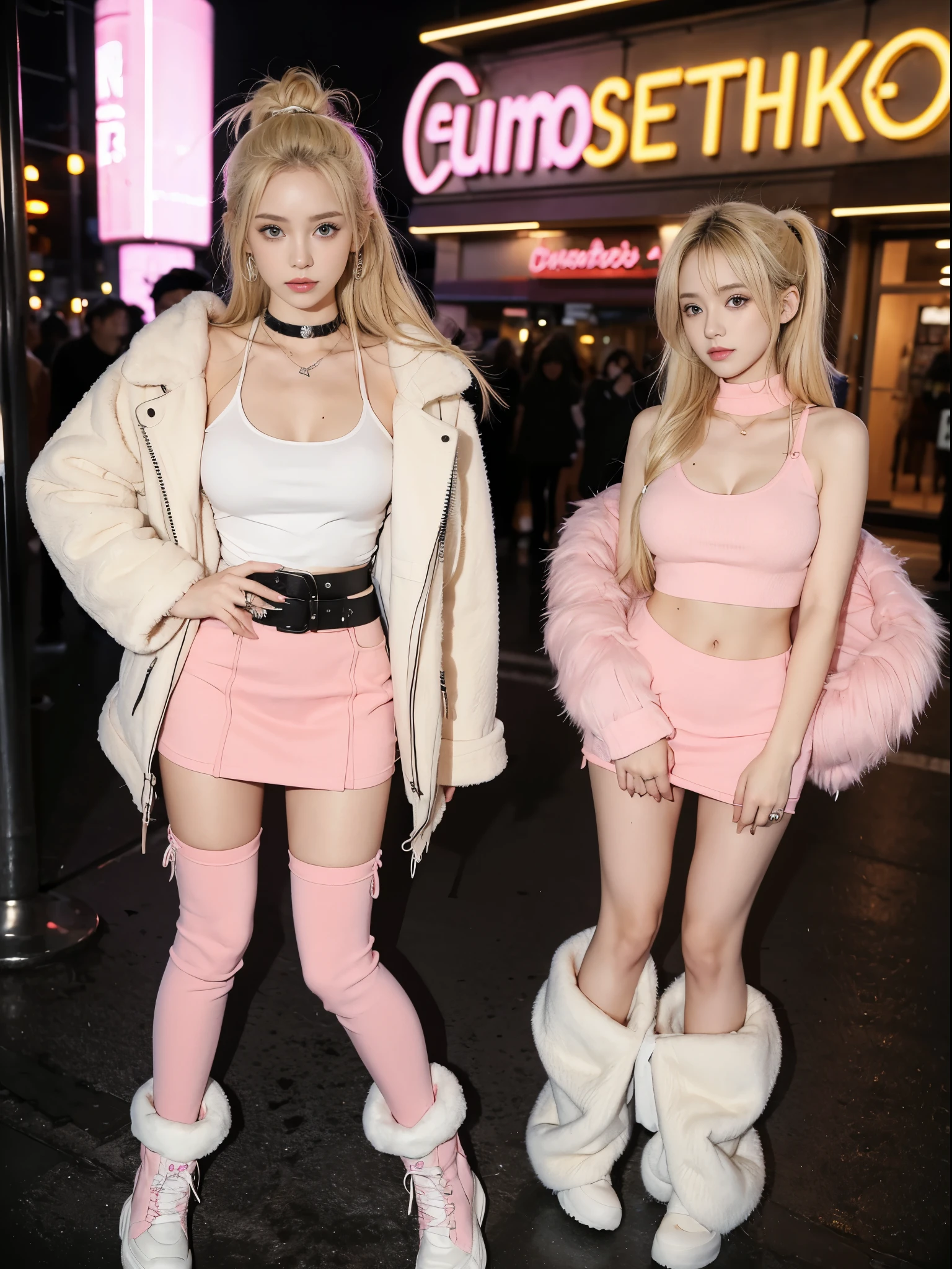 blonde, huge breast, tanktop, fur jacket, miniskirt, pantyhose, boots, piercing, choker, ring, store, pink neon