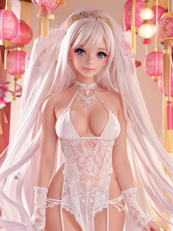 Very long hair，（（（The eyes are delicate）））（（（hair adornments）））（（（veils））），choker necklace，Barbie doll wearing sexy white sheer silk dress，Greasy one-piece stockings ((Skin glows))The room is filled with Chinese New Year decorations（（（tmasterpiece）））， （（Best quality at best））， （（intricately details））， （（hyper realisitc））（8K）