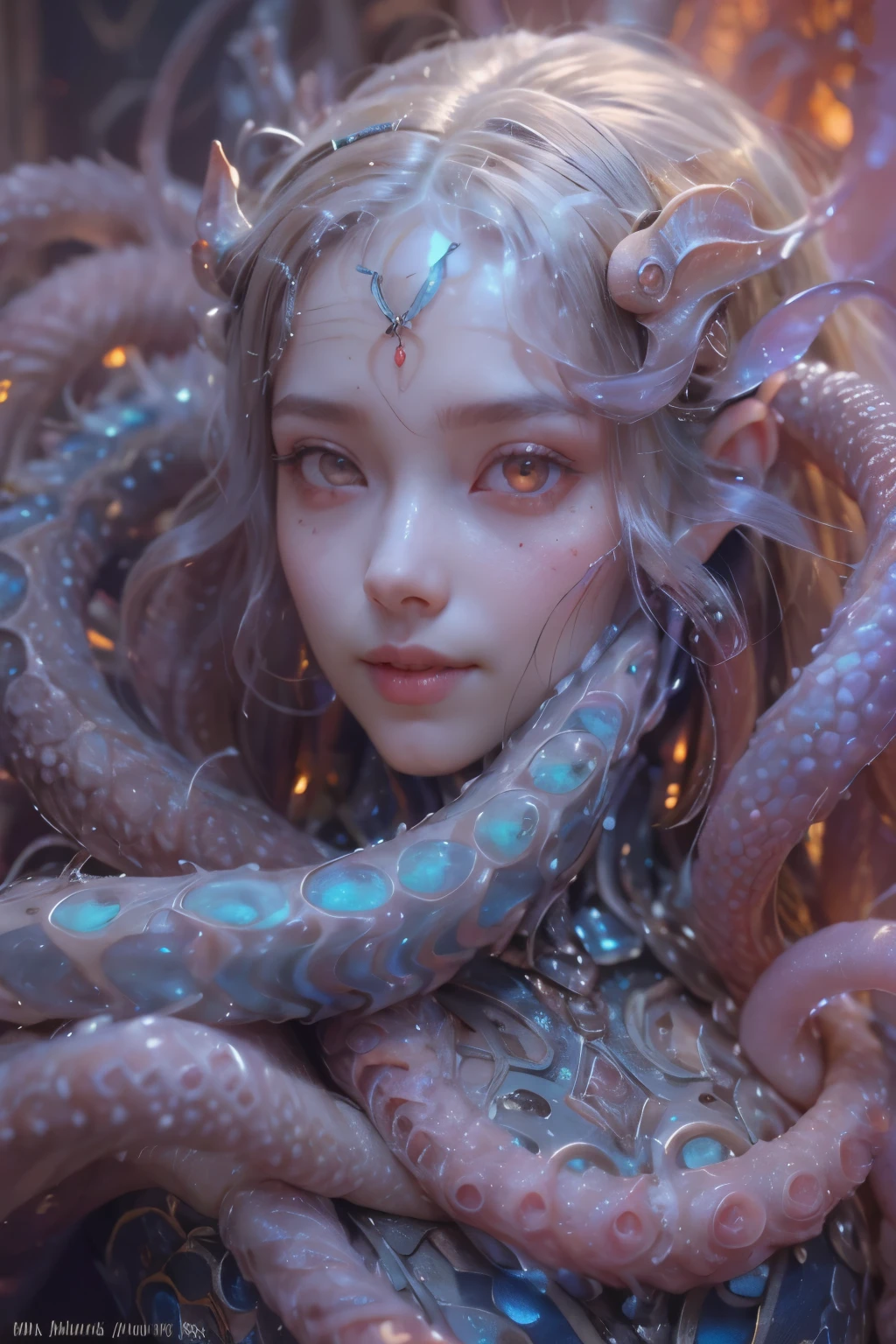 Portrait, (beautiful female alien:1.2), (she has red eyes with no pupils:1.8), (Translucent skin:1.7), (There is a female genital-like organ in the middle of the forehead.:1.9), (The most beautiful face in the history of the universe:1.2),an evil gaze that seduces, (large mouth:1.1), (sharp teeth like a vampire:1.2), Full body like, (bio luminescent:1.5), (Smile wickedly:1.3), (sexypose:1.5), alien, No humans, cells are fused, (Lots of translucent tentacles:1.3) extraterrestrial, cell, bio image, Best Quality, 8K,4K_quality, High Definition, Dramatic Lighting, masutepiece:1.5,cinematic quality, detail up, (Intricate details:1.2), High resolution, High Definition, drawing faithfully, (Thick eyebrows:1.2), Beautiful eyes with fine symmetry,(Highly detailed face and eyes:1.2), Intimate face, (Super detailed skin quality feeling:1.4), Perfect Anatomy, (Beautiful toned body:1.5), (Moist skin:1.2), No makeup, (dark circles:1.1), long canines, cinematic drawing of characters, ultra high quality model, cinematic quality, detail up, (Intricate details:1.2), High resolution, High Definition, drawing faithfully, Official art, Unity 8K wall , 8K Portrait, Best Quality, Very High resolution, ultra detailed artistic photography, midnight aura, unreal enginee 5, Ultra Sharp Focus, art by alberto seveso, ArtGerm, Roisch, intricate artwork, best quality, masutepiece, ultra High resolution, (photos realistic:1.4), Ultra-realistic realism, dream-like, rainbow colored nautilus, Creation of fantasy, Snail, Dream Snail, (Biopunk Nautilus:1.3), Thrilling color schemes, Ultra-realistic realism, seductively smiling, Blue tentacles,