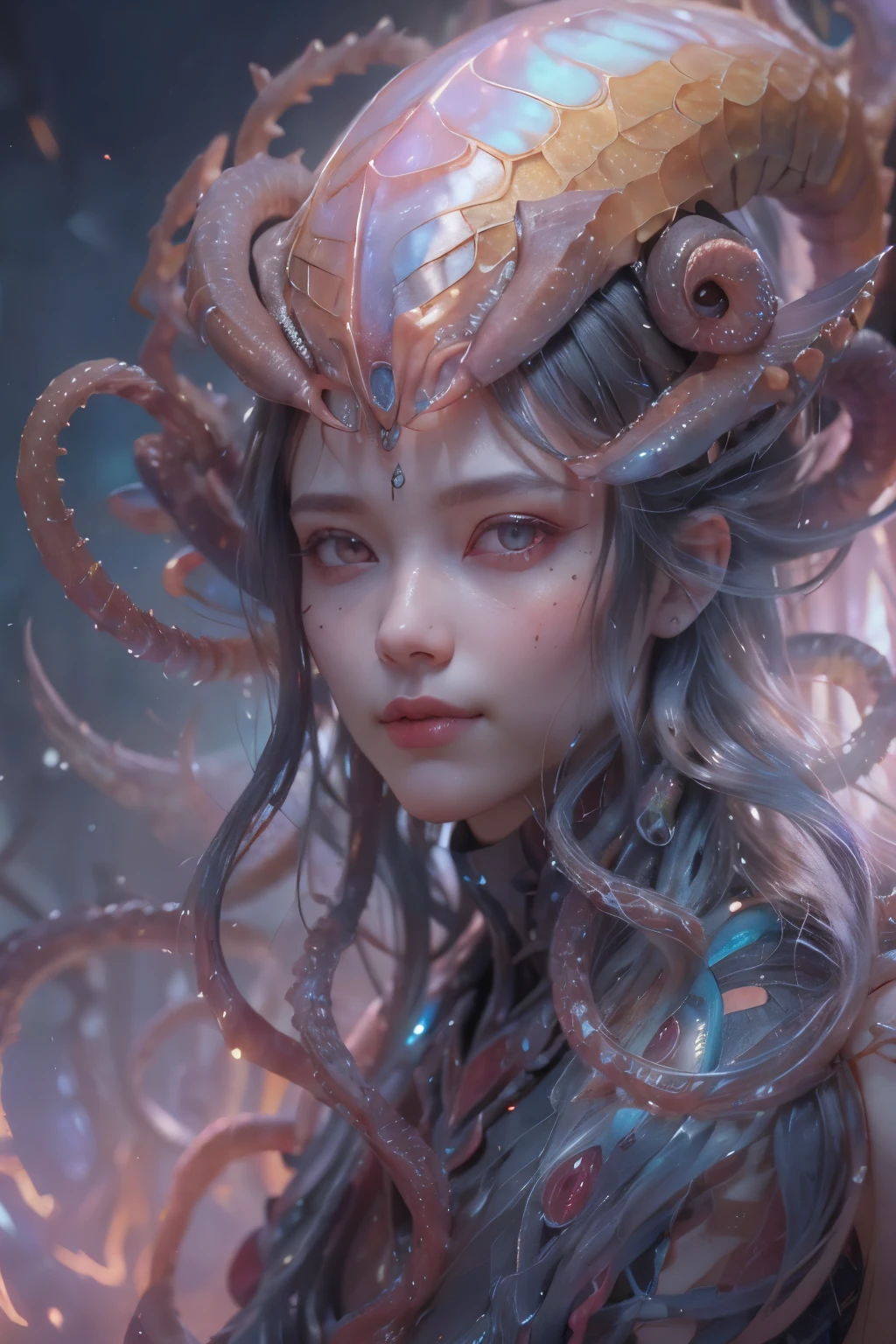 Portrait, (beautiful female alien:1.2), (she has red eyes with no pupils:1.8), (Translucent skin:1.7), (There is a female genital-like organ in the middle of the forehead.:1.9), (The most beautiful face in the history of the universe:1.2),an evil gaze that seduces, (large mouth:1.1), (sharp teeth like a vampire:1.2), Full body like, (bio luminescent:1.5), (Smile wickedly:1.3), (sexypose:1.5), alien, No humans, cells are fused, (Lots of translucent tentacles:1.3) extraterrestrial, cell, bio image, Best Quality, 8K,4K_quality, High Definition, Dramatic Lighting, masutepiece:1.5,cinematic quality, detail up, (Intricate details:1.2), High resolution, High Definition, drawing faithfully, (Thick eyebrows:1.2), Beautiful eyes with fine symmetry,(Highly detailed face and eyes:1.2), Intimate face, (Super detailed skin quality feeling:1.4), Perfect Anatomy, (Beautiful toned body:1.5), (Moist skin:1.2), No makeup, (dark circles:1.1), long canines, cinematic drawing of characters, ultra high quality model, cinematic quality, detail up, (Intricate details:1.2), High resolution, High Definition, drawing faithfully, Official art, Unity 8K wall , 8K Portrait, Best Quality, Very High resolution, ultra detailed artistic photography, midnight aura, unreal enginee 5, Ultra Sharp Focus, art by alberto seveso, ArtGerm, Roisch, intricate artwork, best quality, masutepiece, ultra High resolution, (photos realistic:1.4), Ultra-realistic realism, dream-like, rainbow colored nautilus, Creation of fantasy, Snail, Dream Snail, (Biopunk Nautilus:1.3), Thrilling color schemes, Ultra-realistic realism, seductively smiling, Blue tentacles,