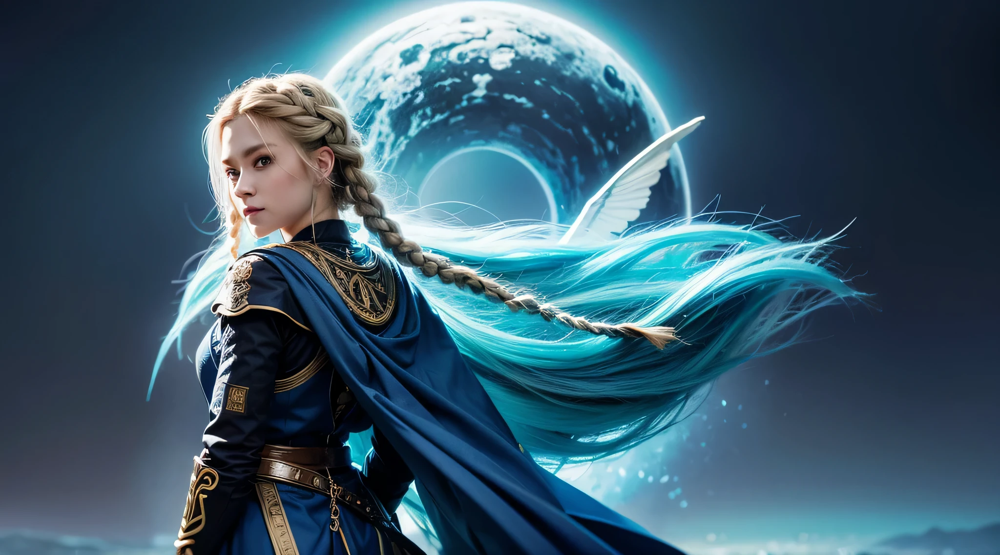 white woman with two braids and blue eyes, Olhando para o oceano, Mulher bonita e estilo viking, blonde braids and blue eyes, Two Long Braids, Two Long Braids, cabelos castanhos claros, olhos azuis, Olhos do Azure, Olhos azuis azuis, Woman with braided brown hair, olhos azuis impressionantes, Norse goddess, folded arms, fundo universo, Universo de fundo, folded arms, roupa futurista azul escuro cobrindo todo o corpo, roupa futurista azul escuro, uma pena azul escura no cabelo, 2 long braids in the hair going down the back