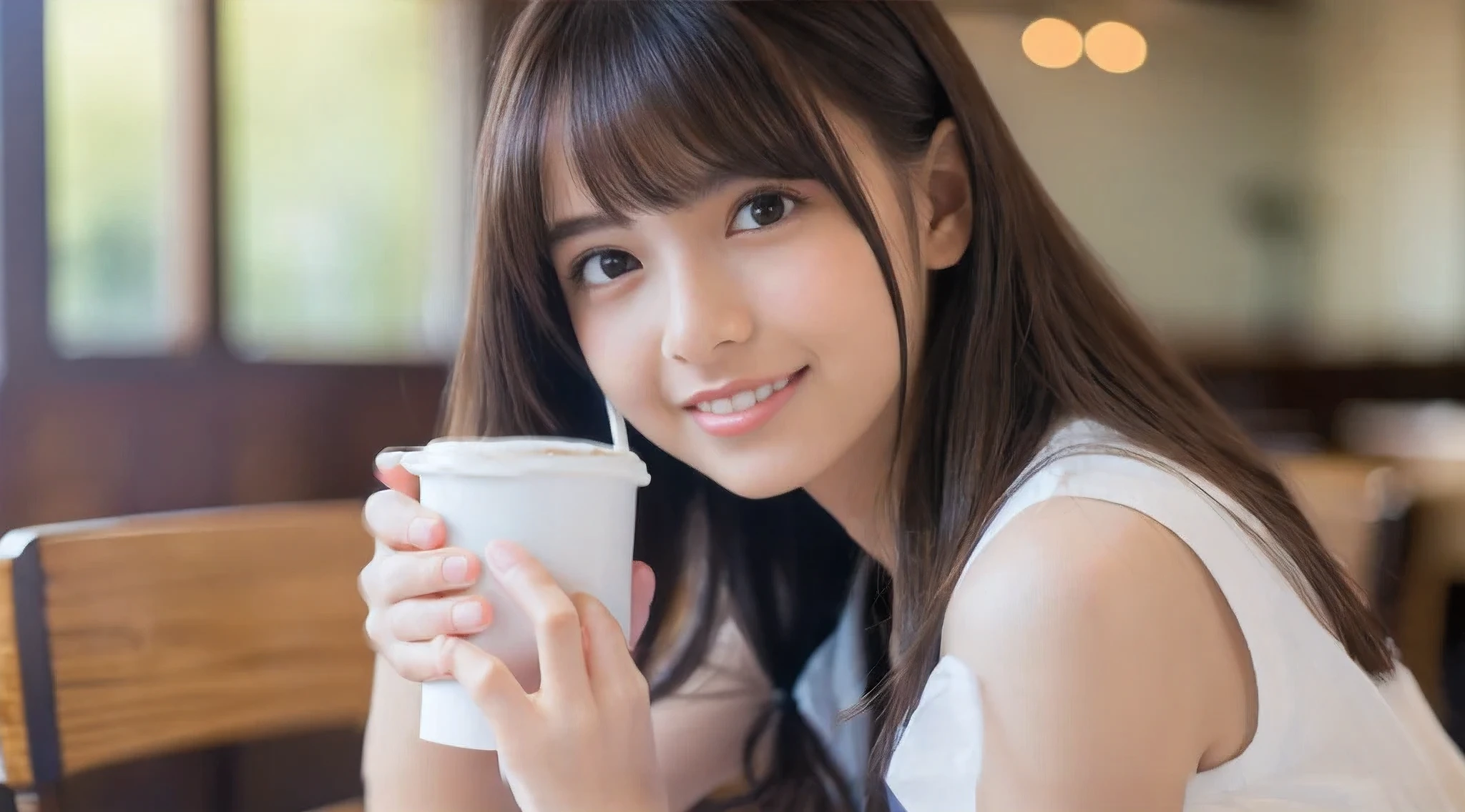 (Best quality at best, 4K, 8K, A high resolution, tmasterpiece: 1.2), 超詳細, sportrait, actual, modern haircut, 美丽细致的眼睛, beautiful detailed lips, Extremely detailed face, Long eyelashes, girl, white  shirt, Light brown, Navy blue pleated miniskirt, An innocent smile, vivd colour, Soft light Sit back straight, in a cafe, drinking a coffee, Coffee cup in hand
