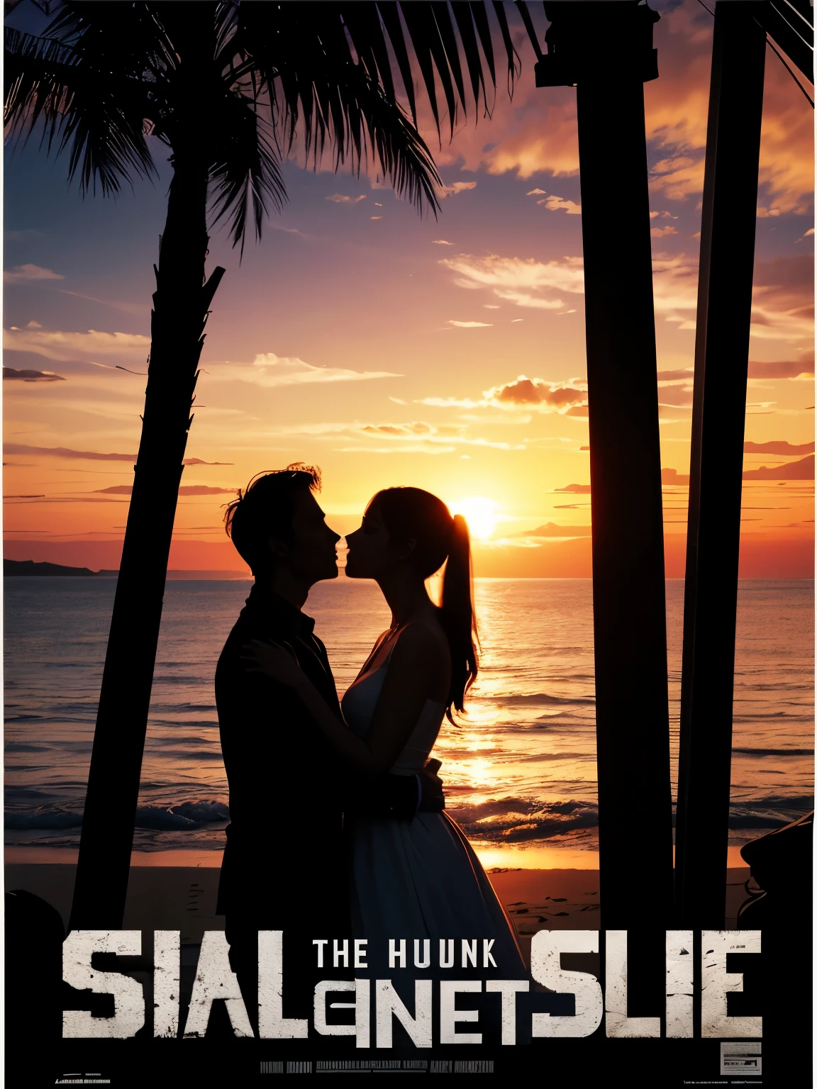 filmposter,the sunset,Seafront,Husband and wife,(((siluette:1.5)))