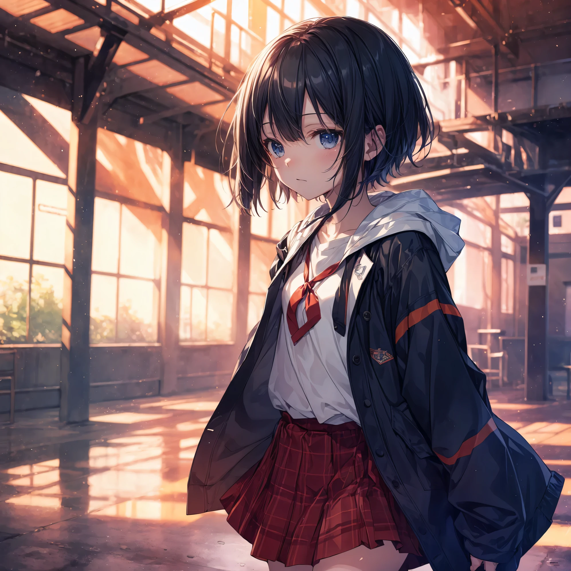 Super high quality by the art god, Ultra-detailed, High resolution, Shinkai Makoto style, anime moe art style, best anime 8K konachan wallpaper, Pixiv Contest Winner, Perfect Anatomy, BREAK,(Please draw a sleepy girl going to school alone.. ),BREAK, a hyperrealistic schoolgirl, (Solo,Lori,child,13years:1.3),Full limbs, complete fingers,a junior high school student, Androgynous attraction, (extra very short hair), hair messy, flat and soft chest, Small butt, groin, Small eyes,Beautiful detailed black eyes, Well-proportioned iris and pupils, disgusted eye, High resolution detailed hair, School uniform, Skirt, On the way to school. BREAK,Ultra-detailed細なスキン, Best lighting by famous artists, 8K, Illustration,