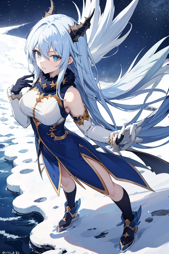 anime girl full body, winter dragon girl, dynamic pose, camera angle from above