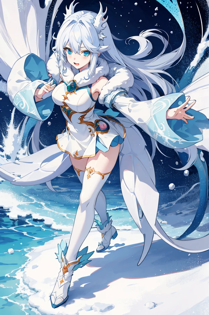 anime girl full body, winter dragon girl, dynamic pose, camera angle from above