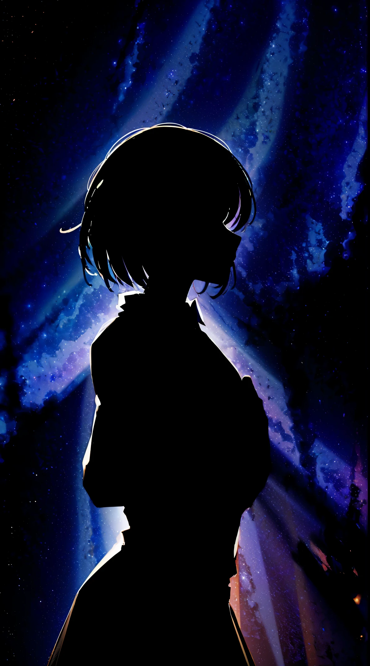 (((SilhouetteART))), (in 8K, Raw photography, Best Quality, masutepiece: 1.2), high-definition RAW color photography, Professional photography, Cinematic Light, (1girl in), Solo, ((Long)), hair messy, slenderbody, ((a smile)), School uniform, Collared shirt, blazers, Long sleeves, , a black pleated skirt, (((Hands fold under the chest))), Observation Deck, Night, Night view, Spreading night view, ((The Expanding Milky Way:1.9, Beautiful starry sky:1.5)), Face close-up shot,