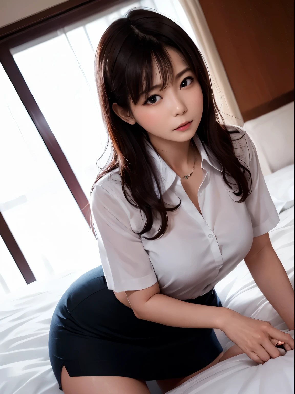 Korean Female Teacher，Being in a hotel，(get down on the bed:1.2)，(Being touched by men:1.5)，(Being stroked in the crotch of a man)，Looking from above
（（（tmasterpiece）））， （（best qualtiy））， （（intricate detailes））， （（Ultra-realistic realism））， Ridiculous resolution， A MILF， Mature Woman， see -through， ighly detailed， illustratio， 1. A MILF女性達， （（Large breasts）），perfect hand， Detailed finger， Beautiful detailed eyes， Long whit hair， with brown eye， Name badge， vd， （Korean Teacher Uniform：1.2）， Translucent white shirt， Black Pencil Skirt， stockings， 耳Nipple Ring， detailedbackground， Bedrooms， perfect  eyes， mesmerizing eyes，cocked ass，Reddened face，(weeping:1.2)，confused eyes