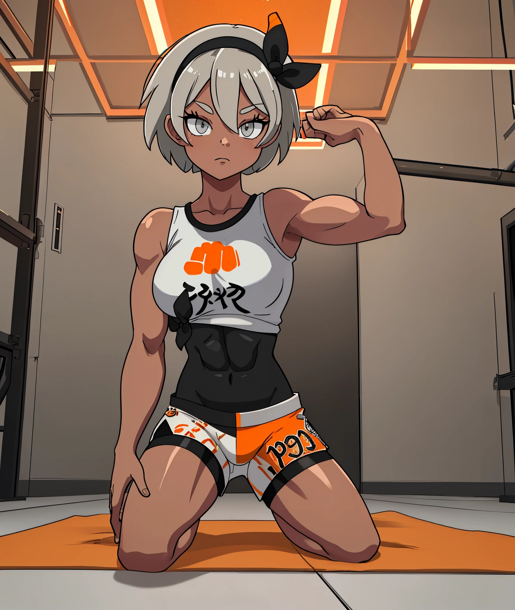 [bea], [pokemon], [uploaded to e621.net; (napalm_express)], ((masterpiece)), ((HD)), ((high res)), ((solo portrait)), ((full body)), ((front view)), ((feet visible)), ((detailed shading)), ((beautiful render art)), ((intricate details)), {anime girl; (dark-toned skin), (cute grey eyes), (short eyelashes), short white hair, (curvy hips), (defined muscles), (beautiful muscular legs), (beautiful feet), (expressionless)}, {(white shirt), (midriff), (bodysuit under clothes), (orange print shorts), (black hairband)}, {(kneeling), (hands behind head), (looking at viewer)}, [background; (open room), (gym), (ceiling lights), (sun rays), (pink and orange sky)]