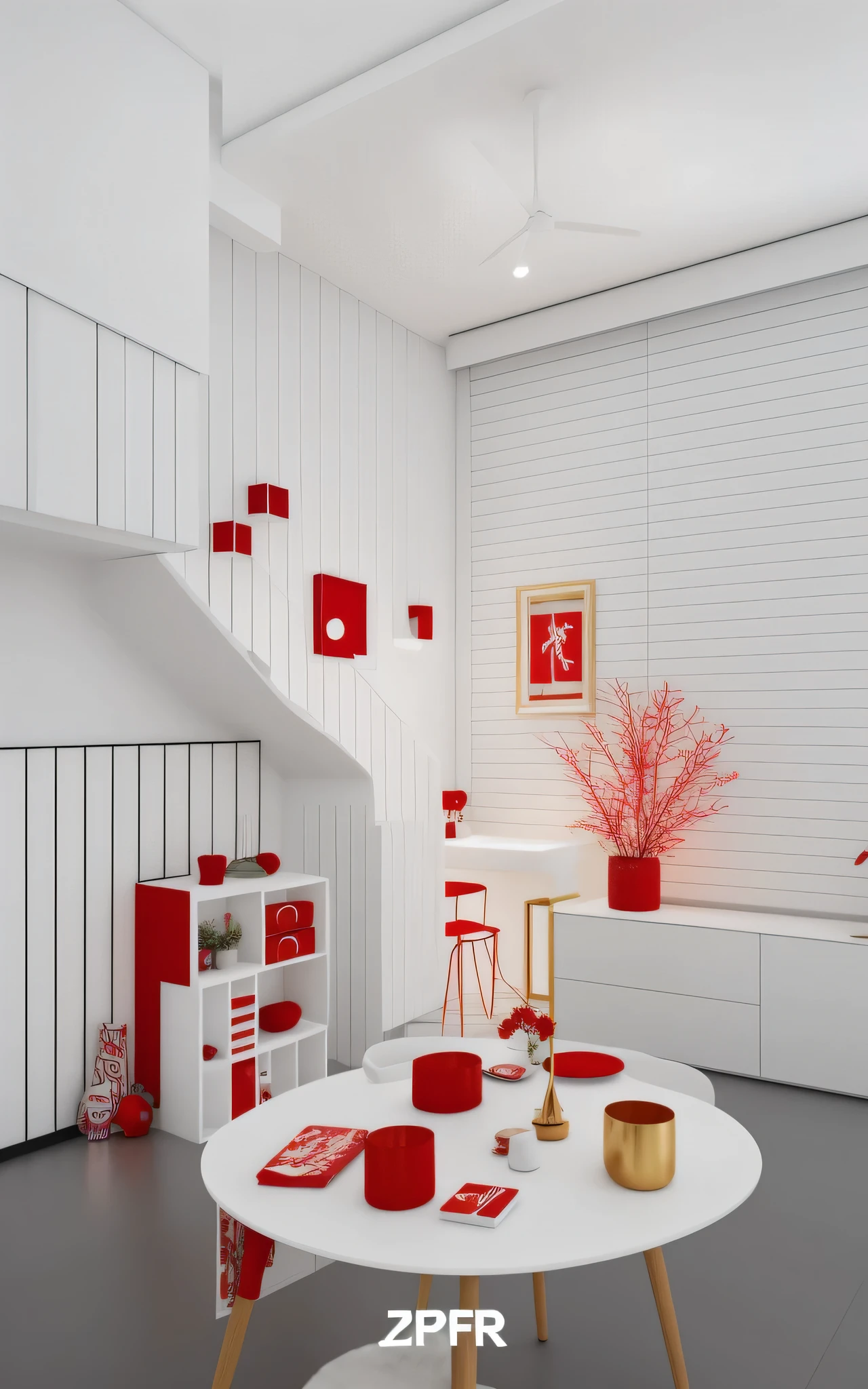 There are decorations on the floor of the room, red and white color theme, Decoration around the room, red theme, ,  Interior decoration, red theme, Lots of decor and furniture