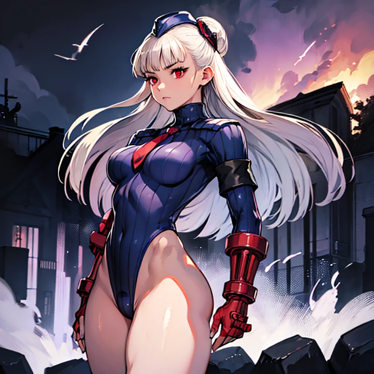 ultra-detailed, Explicit, Beautiful body, Beautiful Nose, Beautiful character design, perfect eyes, perfect face, ultra highres, 4K, beautiful legs, perfect legs, Nice hands, Perfect hand, Masterpiece, Best Quality, Highly detailed, illustration, absurdres, street fighter, doll suit, shadaloo doll, dollsuit, expressionless, blank eyes, looking at viewer, red gloves, emotionless, black latex, corrution, mind control, female combatant, full body, hypnotized, unhappy trance, full body suit, ribbed bodysuit, both arms at side, obey, perfect female body, extremely glossy latex, hypnosis, hypnoLora, empty eyes, Mind control device, poses, submissive_pose, Slave, hat, necktie, Standing up straight, Standing, Standing at attention, hat, necktie, belt, latex, ribbed bodysuit, thighhighs, garter belt, Fighting Stance, extending the right arm from the shoulder into the air with a straightened hand, military, thigh boots, solo, 1girl, ingrid, red eyes, silver hair, long hair, Street fighter