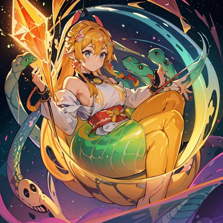 Colored cellophane girl surrounded by firefly jelly、Amazing dynamism、Amazing Angle、A sandstorm of enormous buoyancy and luster、Glowing condensation、((((Extra large prism lens with lots of friendly snakes floating and chasing each other))))、((surround each other'big shingen mochi))、(((large prism mirror)))、(Luminous oversized prism color cellophane with branches)、