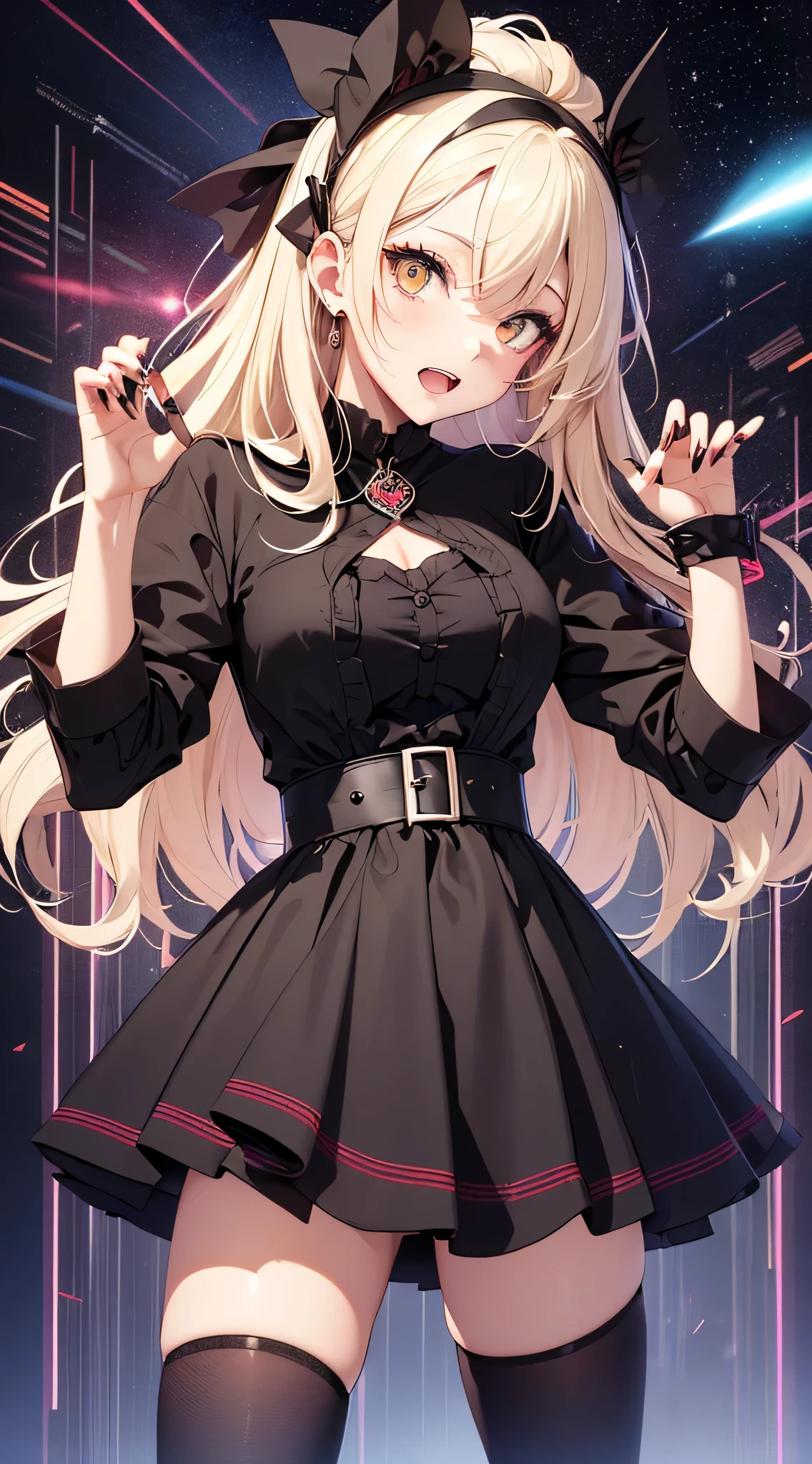 top-quality、Top image quality、masterpiece、teens girl((18year old、 Ager、Best Bust、Medium bust,wide open breast tea、Golden Eyes, a blond、poneyTail、A slender,Highest valley、black vampire skirt、vampire makeup、Black wings、White powder makeup、red nail polish、Goth Loli Fashion、vampire teeth、Black underwear、claw pose、Open your mouth wide to the maximum、Spinning Pose、holding the mic)),hiquality、Beautiful Art、Background with((Night Live House、red laser light、Blue laser light、random laser points、Virtual space)),masutepiece、depth of fields、movie、visualart、Perfect Art、POV POV Perspective
