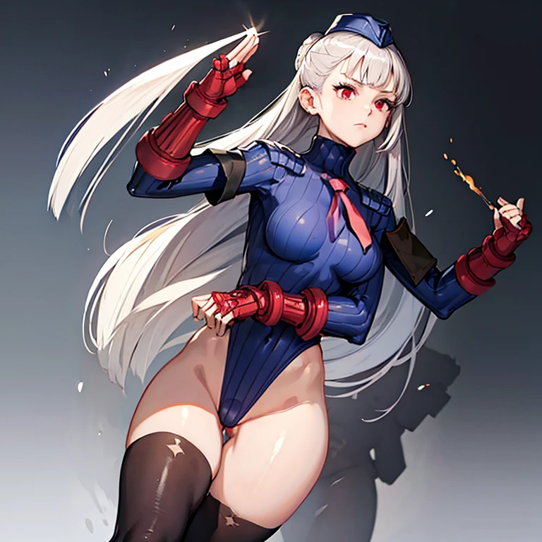 ultra-detailed, Explicit, Beautiful body, Beautiful Nose, Beautiful character design, perfect eyes, perfect face, ultra highres, 4K, beautiful legs, perfect legs, Nice hands, Perfect hand, Masterpiece, Best Quality, Highly detailed, illustration, absurdres, street fighter, doll suit, shadaloo doll, dollsuit, expressionless, blank eyes, looking at viewer, red gloves, emotionless, black latex, corrution, mind control, female combatant, full body, hypnotized, unhappy trance, full body suit, ribbed bodysuit, both arms at side, obey, perfect female body, extremely glossy latex, hypnosis, hypnoLora, empty eyes, Mind control device, poses, submissive_pose, Slave, hat, necktie, Standing up straight, Standing, Standing at attention, hat, necktie, belt, latex, ribbed bodysuit, thighhighs, garter belt, Fighting Stance, extending the right arm from the shoulder into the air with a straightened hand, military, thigh boots, solo, 1girl, ingrid, red eyes, silver hair, long hair, Street fighter, hair ornament