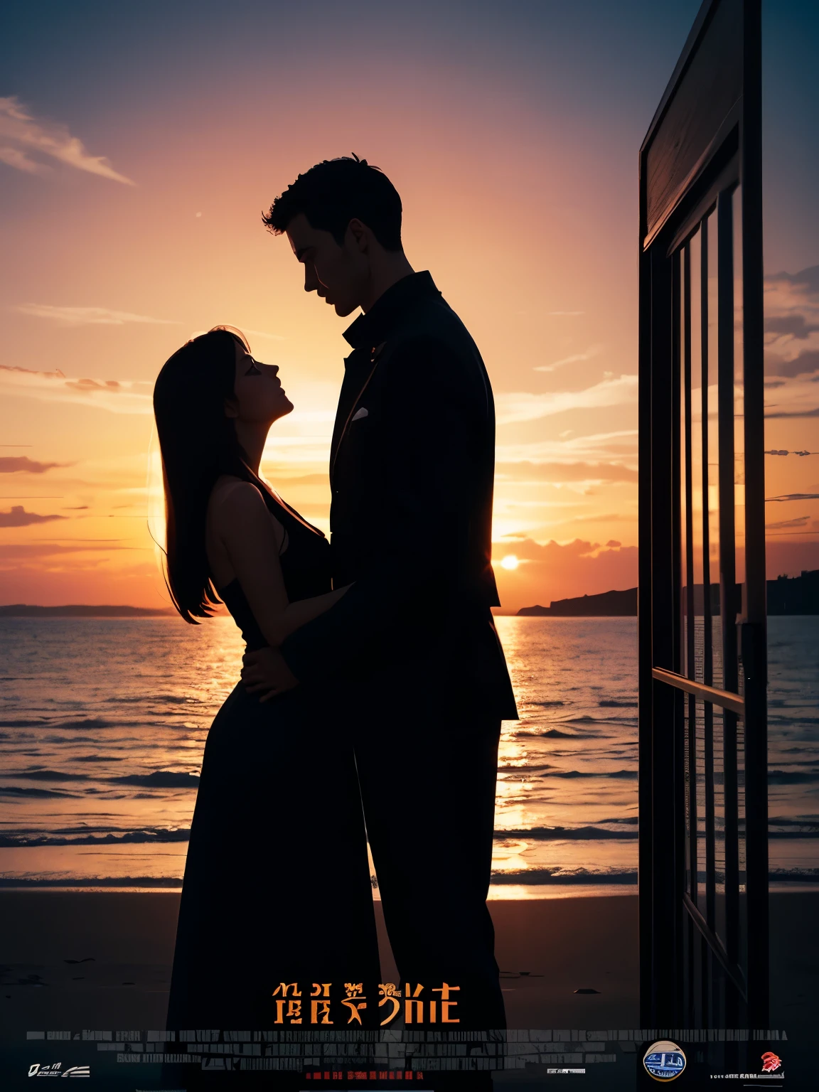 filmposter,the sunset,Seafront,Husband and wife,Beautiful profile。(((siluette:1.5)))