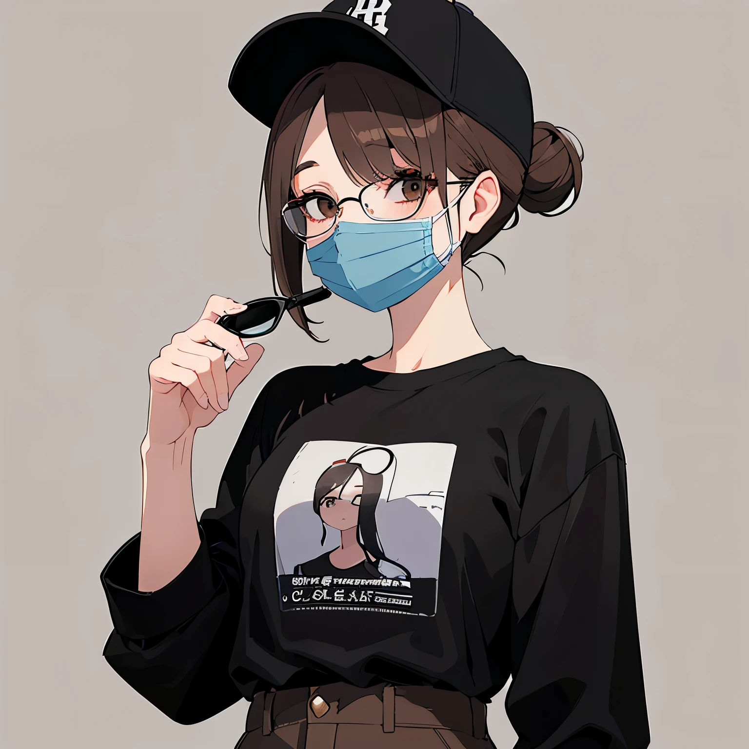 under-rim glasses, black baseball cap, mouth mask, ​masterpiece、top-quality、 hair over one eye, hair bun, A 25-year-old brown-eyed woman with medium hair and bright chestnut bangs.、wearing black tshirt、Wearing black pants、is standing、The background is office、Bold composition、Upper body is shown、Alone、