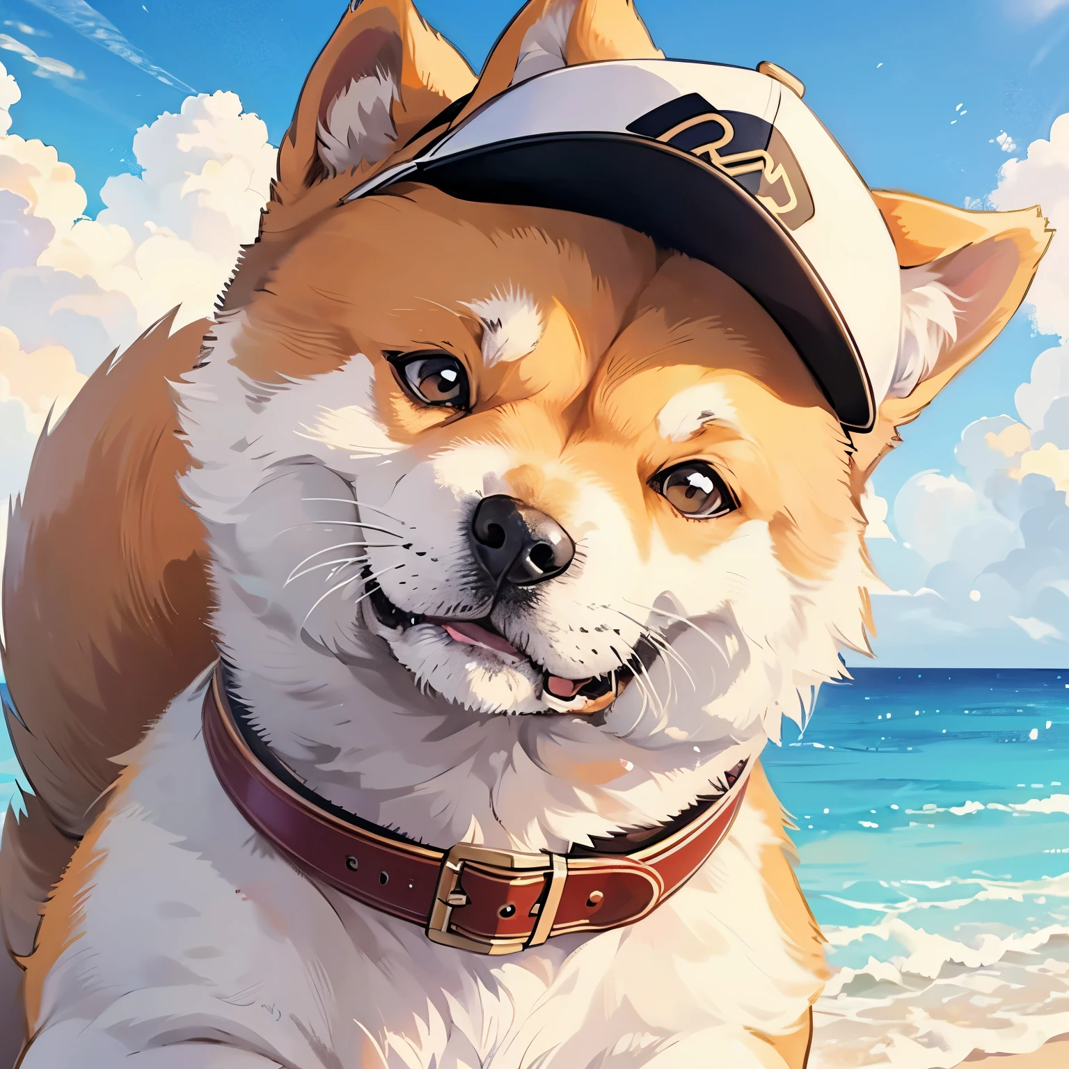 there is a dog that is looking up at the camera, shiba inu face, shiba inu dog, with baseball hat, close up, 4k