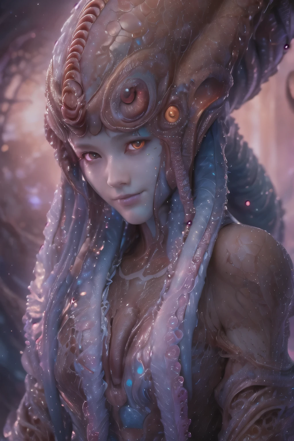 Portrait, (beautiful female alien:1.2),  (she has red eyes with no pupils:1.8), (Translucent skin:1.7),  (There is a female genital-like organ in the middle of the forehead:1.9), (The most beautiful face in the history of the universe:1.2),an evil gaze that seduces, (large mouth:1.1), (sharp teeth like a vampire:1.2), Full body like, (bio luminescent:1.5), (Smile wickedly:1.3),  (sexypose:1.5), alien, No humans, cells are fused, (Lots of translucent tentacles:1.3) extraterrestrial, cell, bio image, Best Quality, 8K,4K_quality, High Definition, Dramatic Lighting, masutepiece:1.5,cinematic quality, detail up, (Intricate details:1.2), High resolution, High Definition, drawing faithfully, (Thick eyebrows:1.2), Beautiful eyes with fine symmetry,(Highly detailed face and eyes:1.2), Intimate face, (Super detailed skin quality feeling:1.4), Perfect Anatomy,  (Beautiful toned body:1.5),  (Moist skin:1.2), No makeup, (dark circles:1.1), long canines, cinematic drawing of characters, ultra high quality model, cinematic quality, detail up, (Intricate details:1.2), High resolution, High Definition, drawing faithfully, Official art, Unity 8K wall  , 8K Portrait, Best Quality, Very High resolution, ultra detailed artistic photography, midnight aura,  unreal enginee 5, Ultra Sharp Focus, art by alberto seveso, ArtGerm, Roisch, intricate artwork, best quality, masutepiece, ultra High resolution, (photos realistic:1.4), Ultra-realistic realism, dream-like,  nautilus, Creation of fantasy, Snail, Dream Snail,  biopunk nautilus, Thrilling color schemes， Ultra-realistic realism， seductively smiling, Blue tentacles,
