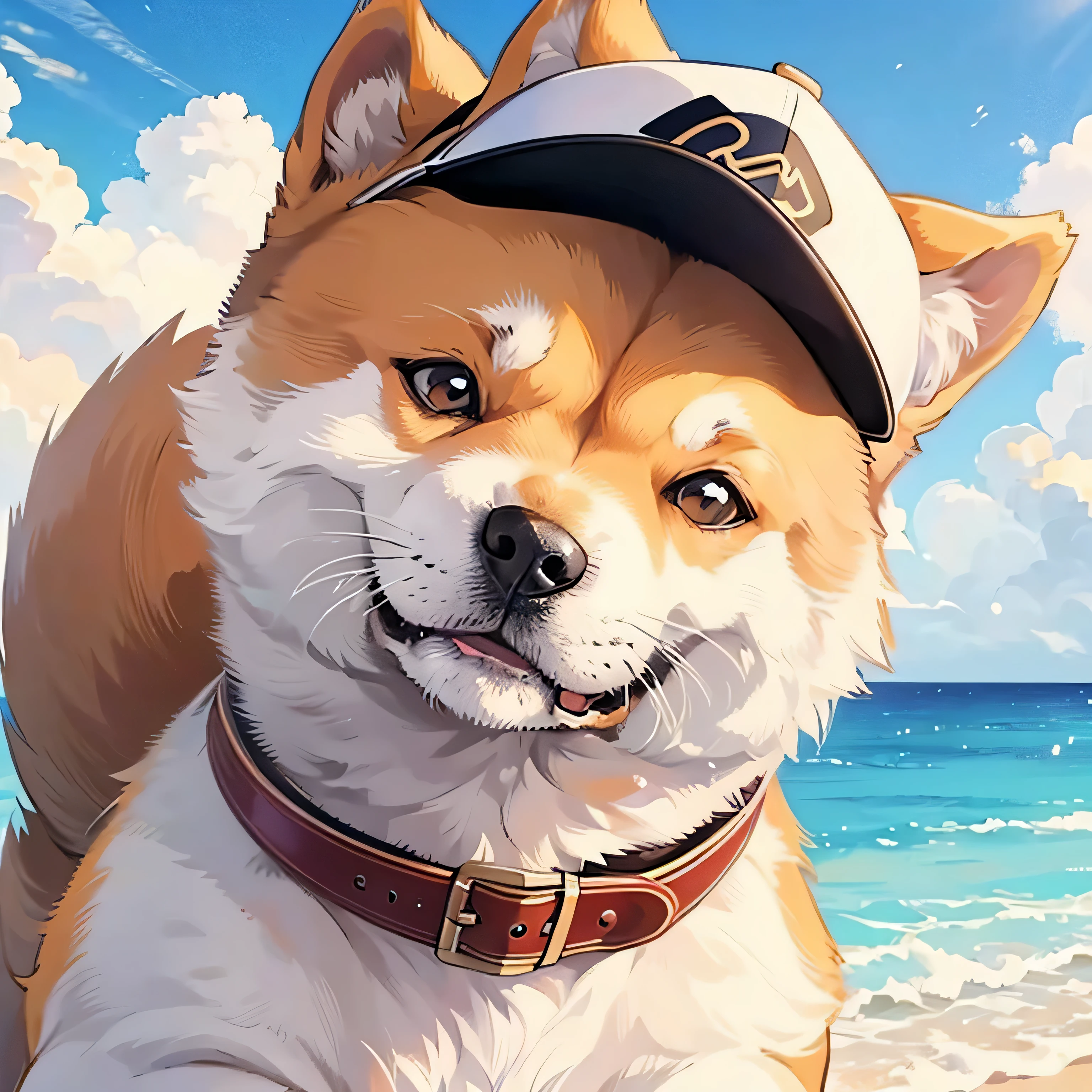 there is a dog that is looking up at the camera, shiba inu face, shiba inu dog, with baseball hat, close up, 4k