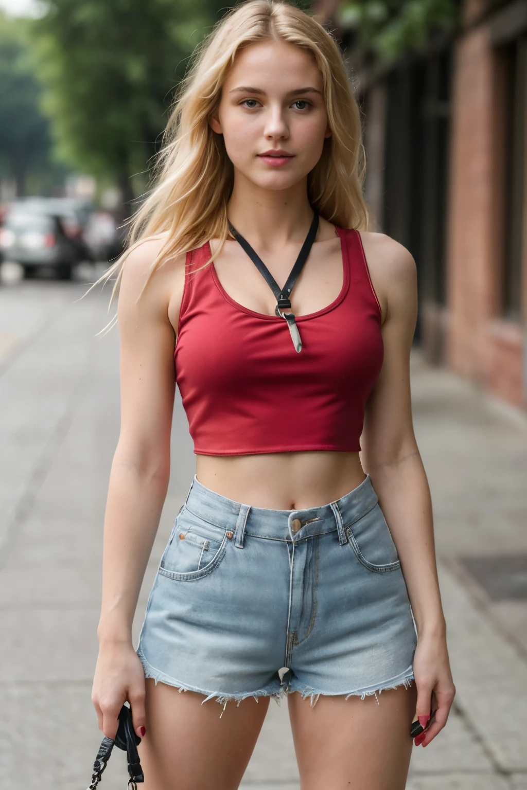 ((best quality)), ((masterpiece)), (detailed), perfect face, blonde, standing, (25 years old), detailed face, blushed, healthy skin, ((cropped tank top, shorts)), street,upper_body, hand on hip. No censorship, nsfw. ((The girl is dominatrix, she is cruel and merciless, blood)).
