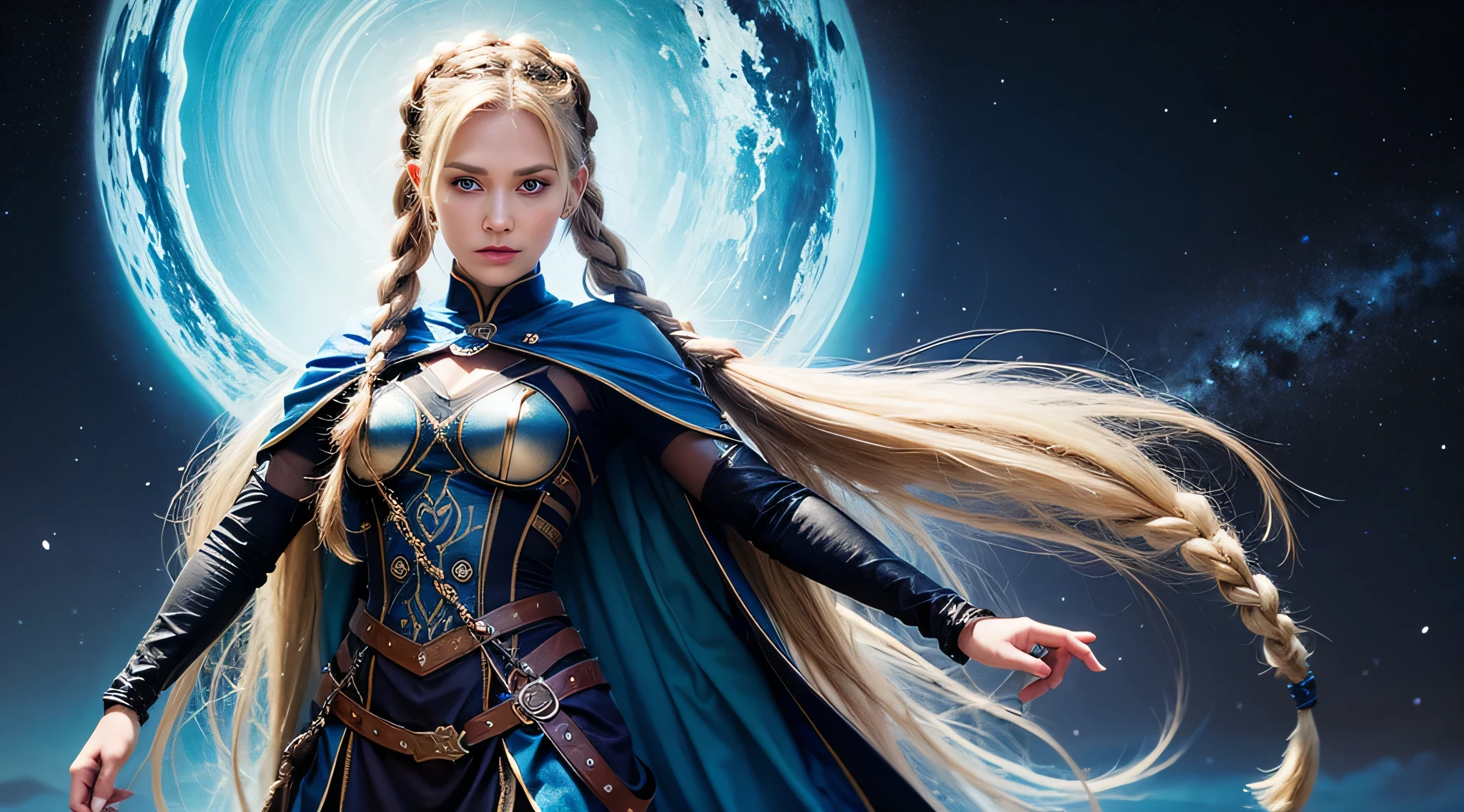 white woman with two braids and blue eyes, Olhando para o oceano, Mulher bonita e estilo viking, blonde braids and blue eyes, Two Long Braids, Two Long Braids, cabelos castanhos claros, olhos azuis, Olhos do Azure, Olhos azuis azuis, Woman with braided brown hair, olhos azuis impressionantes, Norse goddess, folded arms, fundo universo, Universo de fundo, folded arms, roupa futurista azul escuro cobrindo todo o corpo, roupa futurista azul escuro, 2 long braids in the hair going down the back