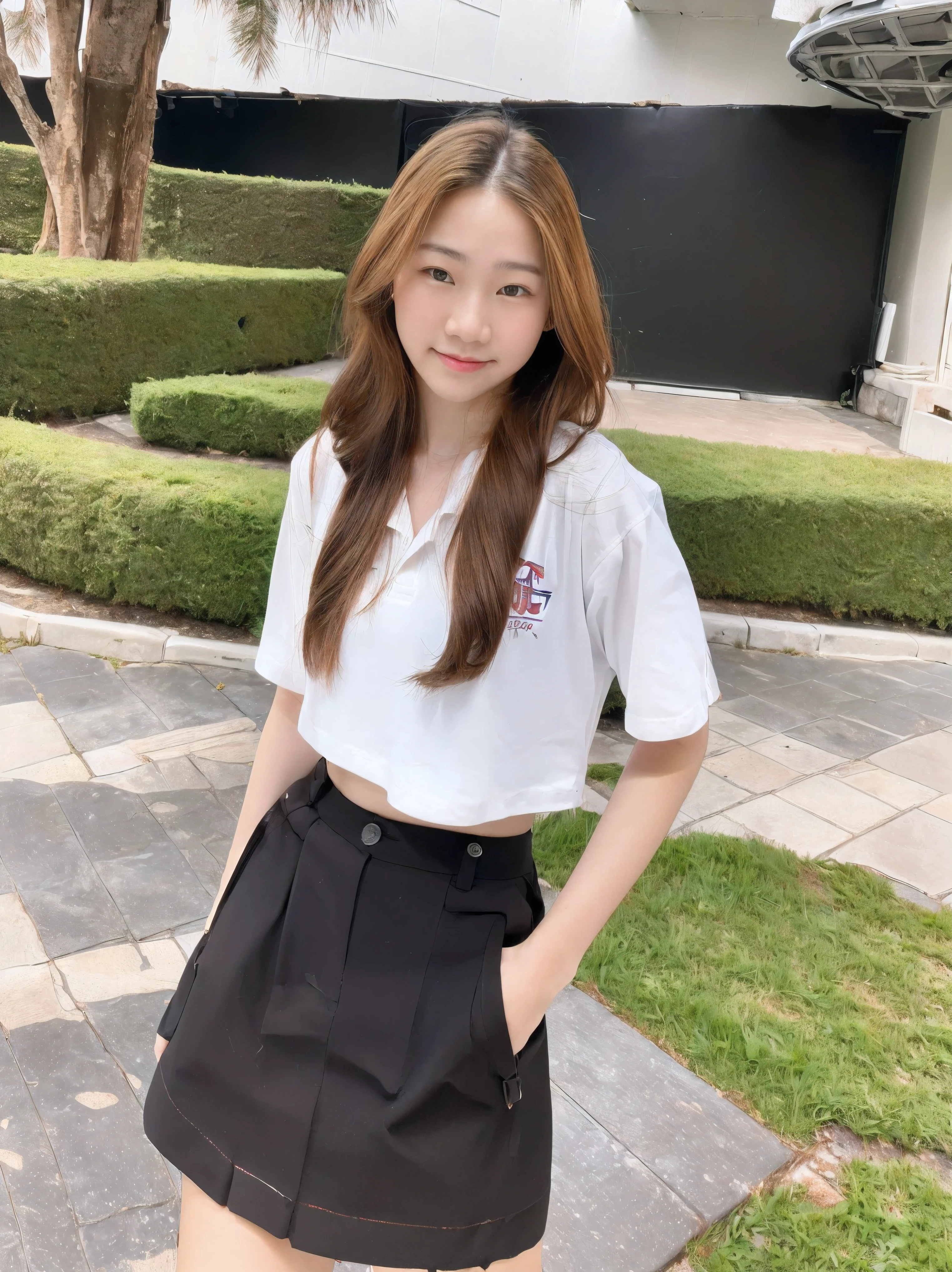 bestquality:1.4), (ultra highres:1.2), (photorealistic portrait:1.4), (10, RAW photo:1.2),(portrait shot:1.print, 1girls, bara, long-haired, looking at the audience, smile, brunette hair, Brown eyes, School uniform, White shirt, Black Skirt, outdoor,