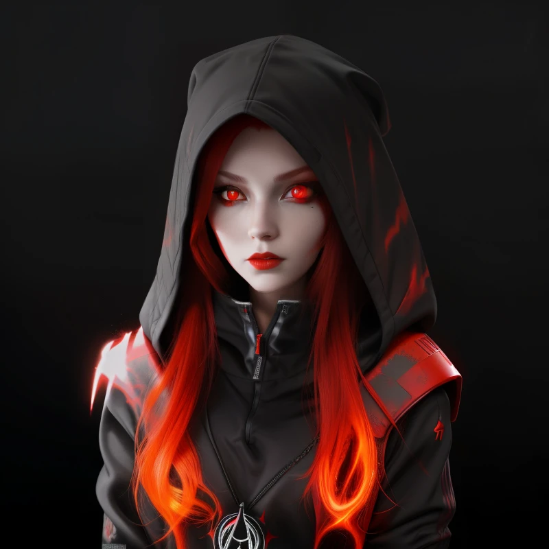 a woman with red hair and a hoodie is standing in front of a black background, with glowing red eyes, with red glowing eyes, glowing ember eyes, glowing red eyes, dark witch character, beautiful necromancer girl, beautiful girl necromancer, glowing fiery red eyes, fiery scorching red eyes, red glowing eyes, dark fantasy style art