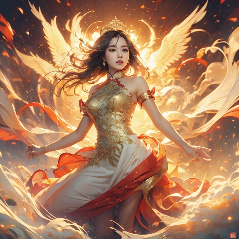 A beautiful young asian princess who seems to be around the age of 18-19, she exudes a charming yet domineering aura, she has a phoenix like eyes, she's wearing a cheongsam dress yet her curvaceous figure cannot be hidden underneath her clothing, a golden tiara hangs on her head, and she has a very alluring figure, and her face has a serious yet attractive expression. FULL BODY PICTURE.