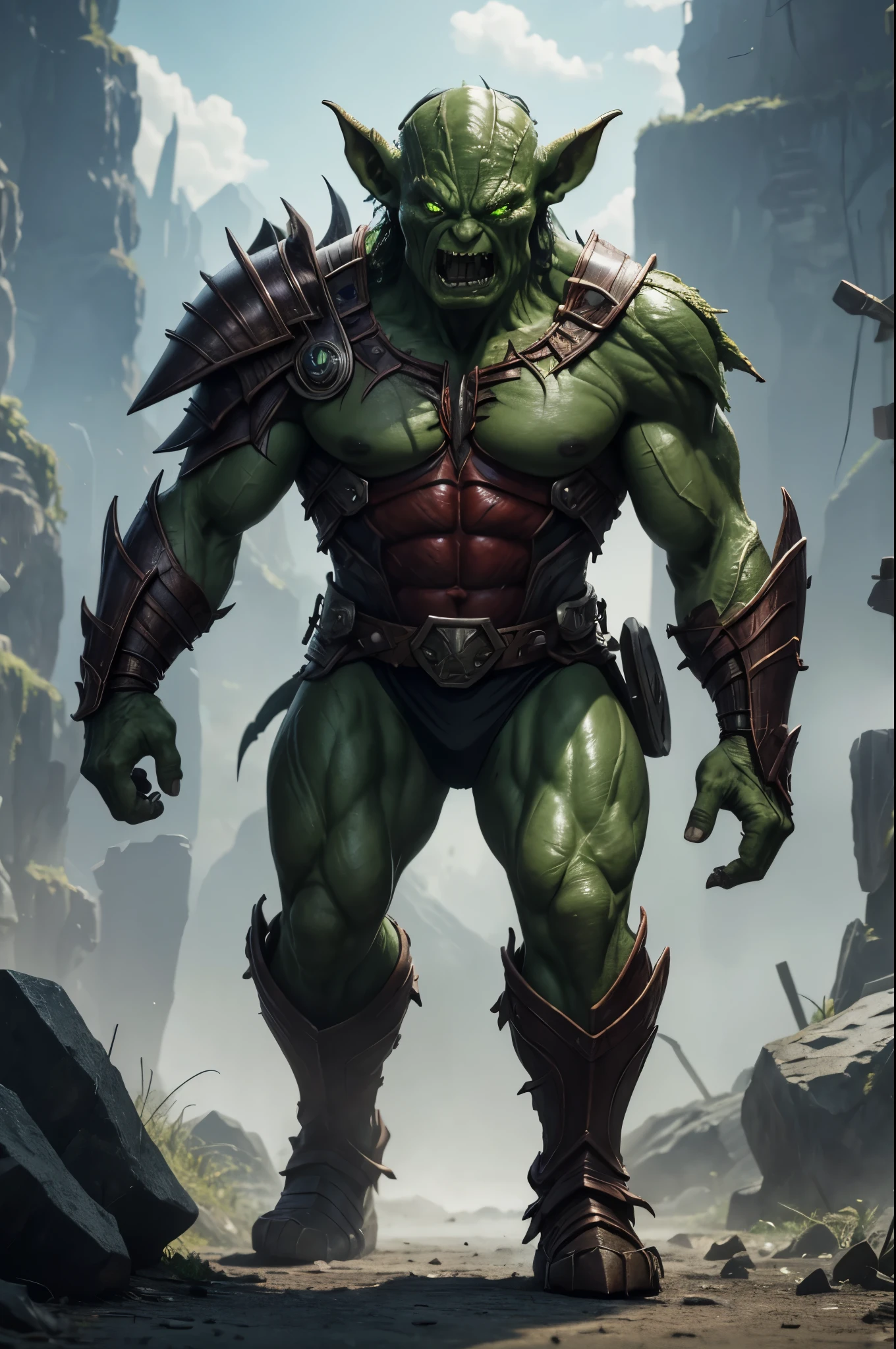 8K,1 A small goblin knight with green skin and armor.,(realistic representation)goblins have battle axes、Goblin wearing metal armor,Holds a large metal shield,dragon fantasy goblin dragon fantasy goblin、goblin art、Medium portrait of a goblin、orc themed、goblin portrait、super detailed fantasy characters、Humanoid organisms、creature concept art、concept creature character art、Oak on Vines、A hyper-realisticなファンタジーモンスター、Gollum as a titan、weak goblin,超A high resolution,super precision goblin,A hyper-realistic,Fantasyart,Small monsters,real looking skin,Lifelike texture,Small body,Large number of people,weak,Ferocious,attack in groups,bloodshot eyes,Bloody Body,dirty green goblin,