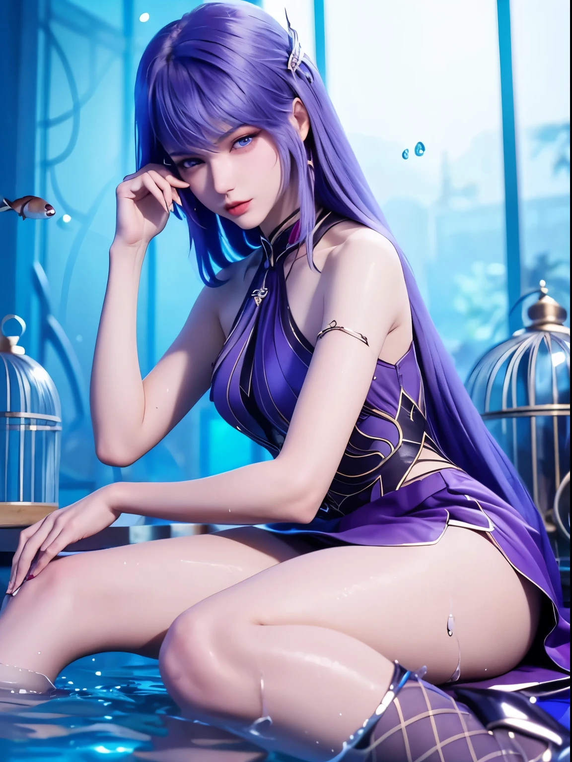 25-year-old Korean girl,1 Sister,girl on top, dive, I have a perfect face, eBlue eyes, income, dive,Under water深处,Under water,breaking,ton de asur,(((Fish cage as a whole, Purple colored hair,delicate high heels,smooth thigh,Exquisite facial features and beautiful eyes bodyesbian,lying in water,smooth thigh,The skirt was blocked,Normal viewing angle