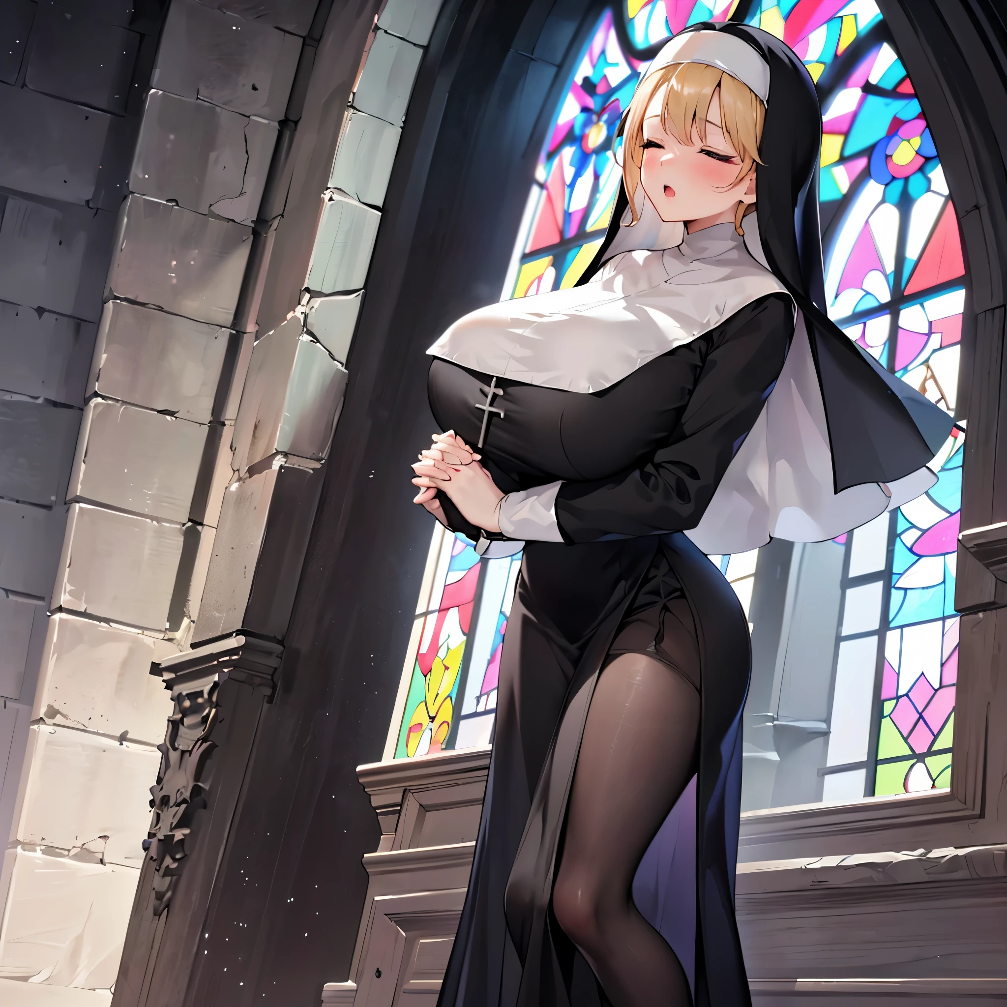 (solo 1 praying cute nun:1.3) standing in church, praying with holding hands together over chest, very thin, (black sheer long dress:1.5), (gigantic breasts:1.3), (bursting perky breasts:1.2), (black sheer long skirt:1.4), inconceivably thin waist, closing eyes, nose blush, open mouth, (heavy breathing:1.2), stained glass, full body, 8k, ultra-detailed, masterpiece