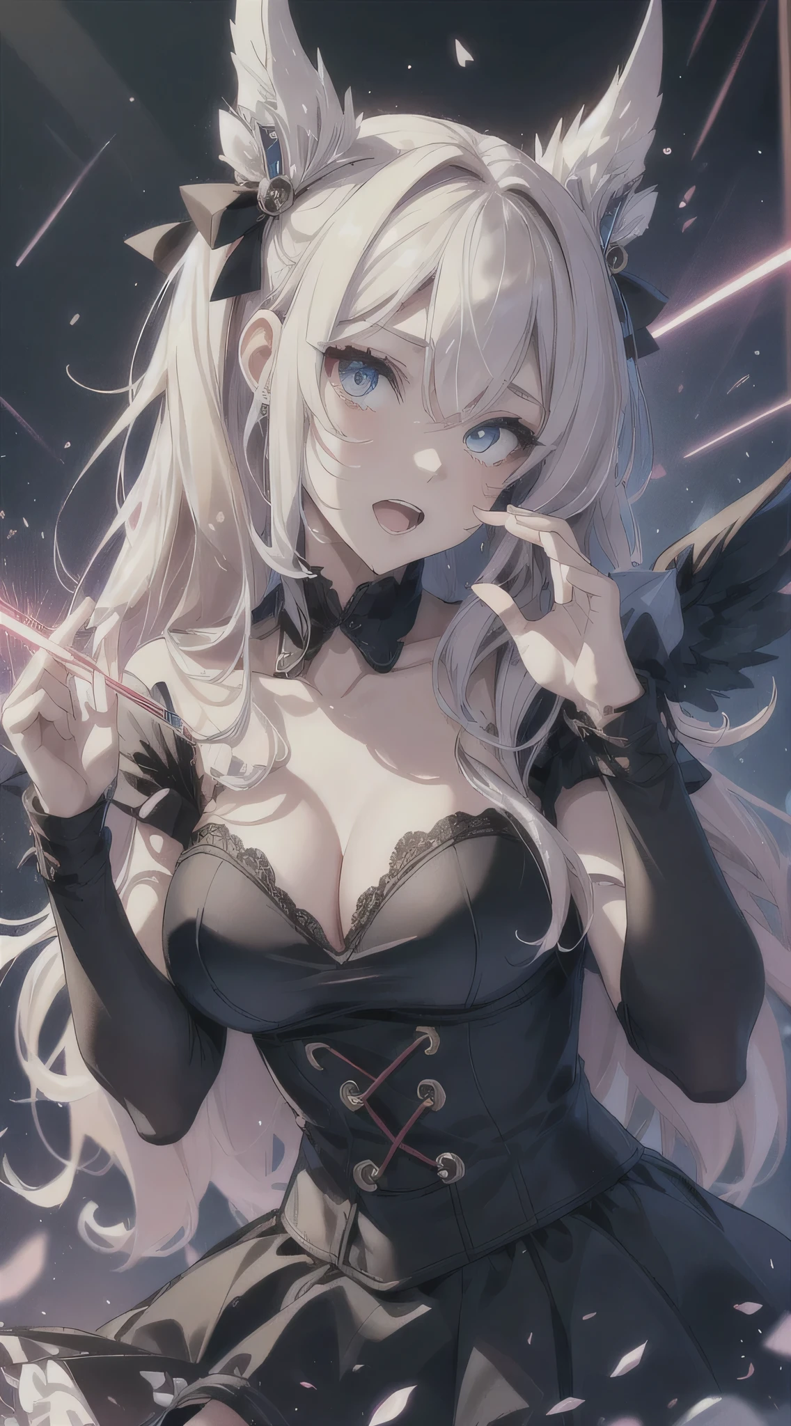 top-quality、Top image quality、masterpiece、s girl((18year old、 Ager、Best Bust、Medium bust,wide open breast tea、Golden Eyes, a blond、poneyTail、A slender,Highest valley、black vampire skirt、vampire makeup、Black wings、White powder makeup、red nail polish、Goth Lolihion、vampire teeth、Black underwear、claw pose、Open your mouth wide to the maximum、Spinning Pose、holding the mic、Leaning forward)),hiquality、Beautiful Art、Background with((Night Live House、red laser light、Blue laser light、random laser points、Virtual space)),masutepiece、depth of fields、movie、visualart、Perfect Art、POV POV Perspective