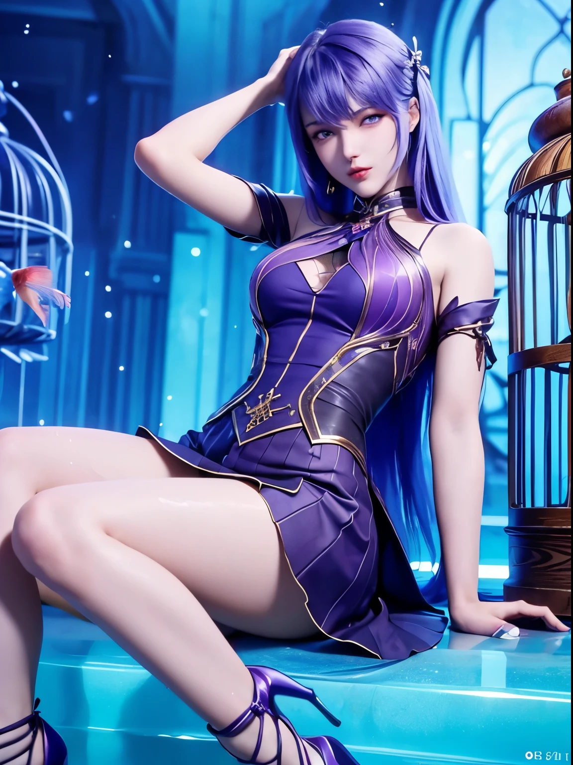25-year-old Korean girl,1 Sister,girl on top, dive, I have a perfect face, eBlue eyes, income, dive,Under water深处,Under water,breaking,ton de asur,(((Fish cage as a whole, Purple colored hair,delicate high heels,smooth thigh,Exquisite facial features and beautiful eyes bodyesbian,lying in water,smooth thigh,The skirt was blocked,Normal viewing angle
