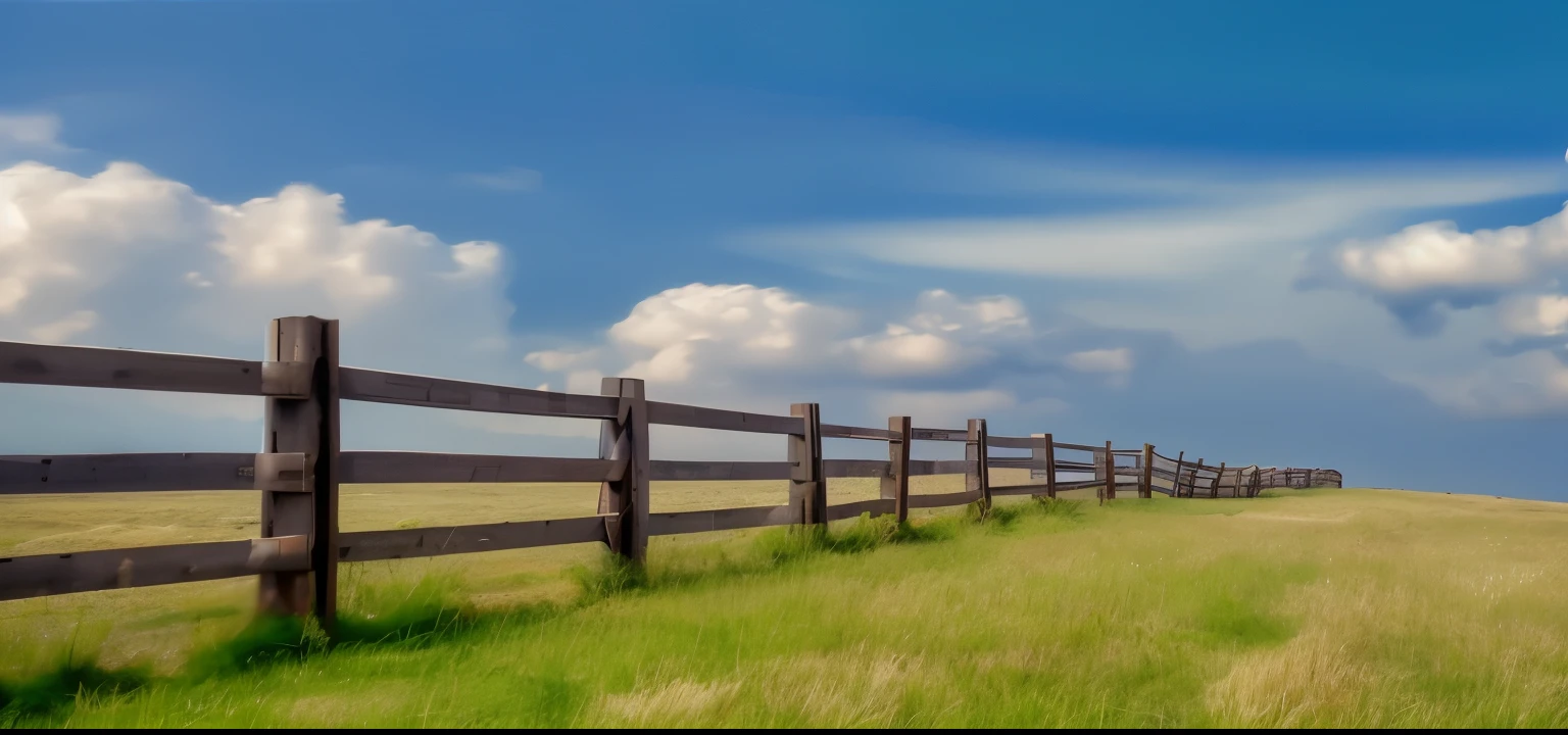 there is a fence that is in the middle of a field, fence line, small fence, fence, Country landscape, fences, wooden fence, countryside, photorealistic landscape, Gentle field settings, Peaceful scene, meadows, idyllic scenery, Open landscape, Farmland, Rural splendor, landscape shot, countryside view, A wide landscape, serene scene, serene landscape, realistic landscape