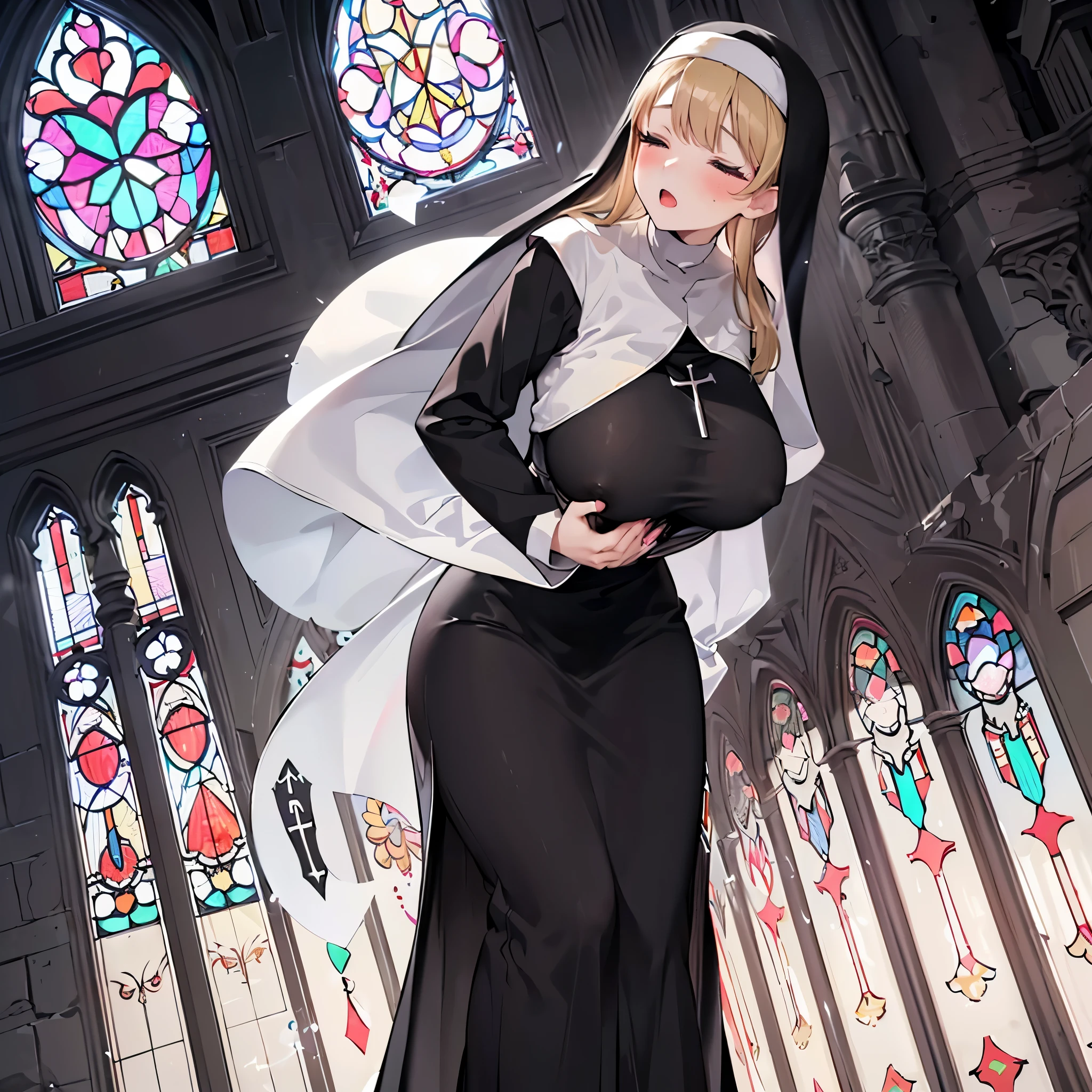 (solo 1 praying cute nun:1.3) standing in church, praying with holding hands together over chest, very thin, (black sheer long dress:1.5), (gigantic breasts:1.3), (bursting perky breasts:1.2), (black sheer long skirt:1.4), inconceivably thin waist, closing eyes, nose blush, open mouth, (heavy breathing:1.2), stained glass, full body, 8k, ultra-detailed, masterpiece