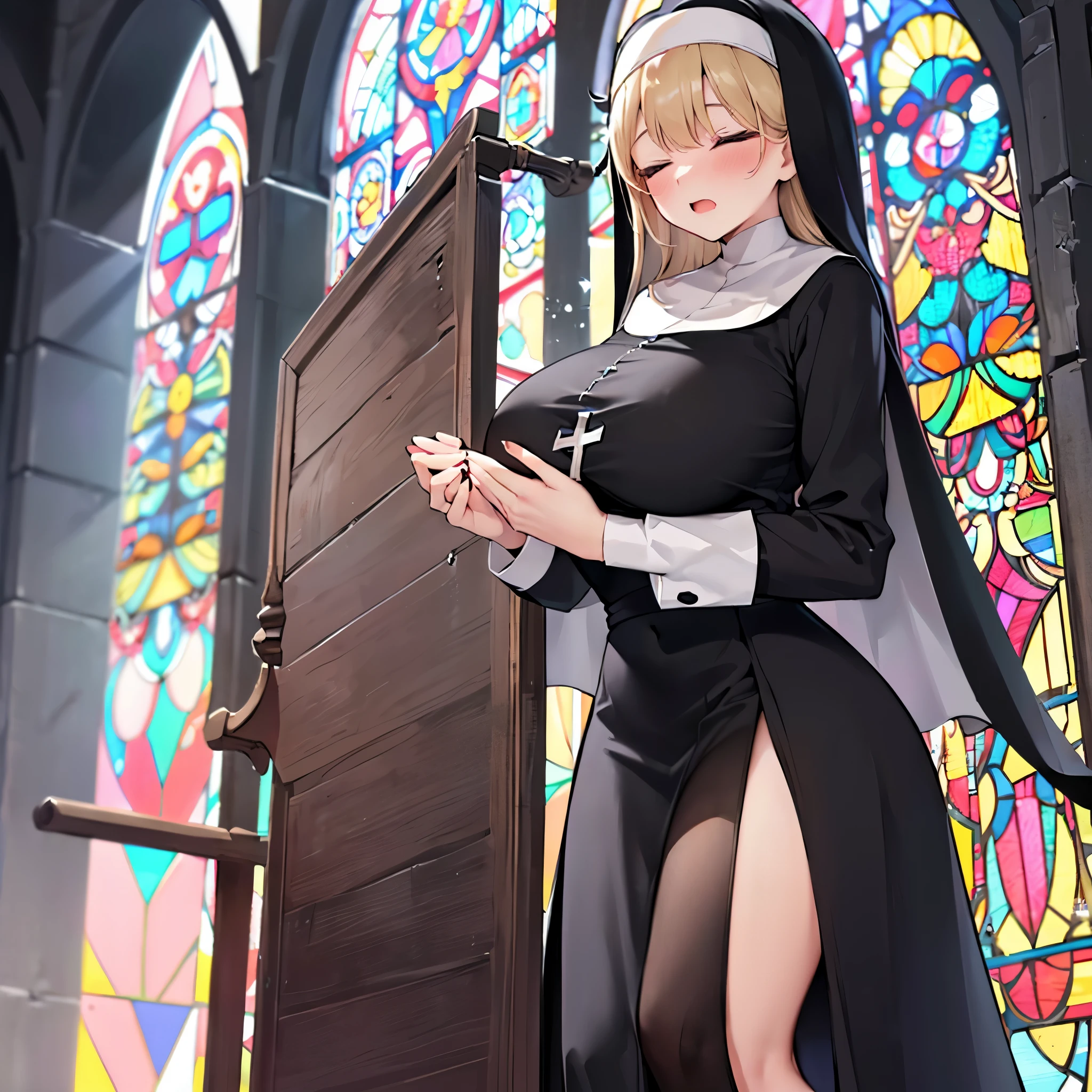 (solo 1 praying cute nun:1.3) standing in church, praying with holding hands together over chest, very thin, (black sheer long dress:1.5), (gigantic breasts:1.3), (bursting perky breasts:1.2), (black sheer long skirt:1.4), inconceivably thin waist, closing eyes, nose blush, open mouth, (heavy breathing:1.2), stained glass, full body, 8k, ultra-detailed, masterpiece