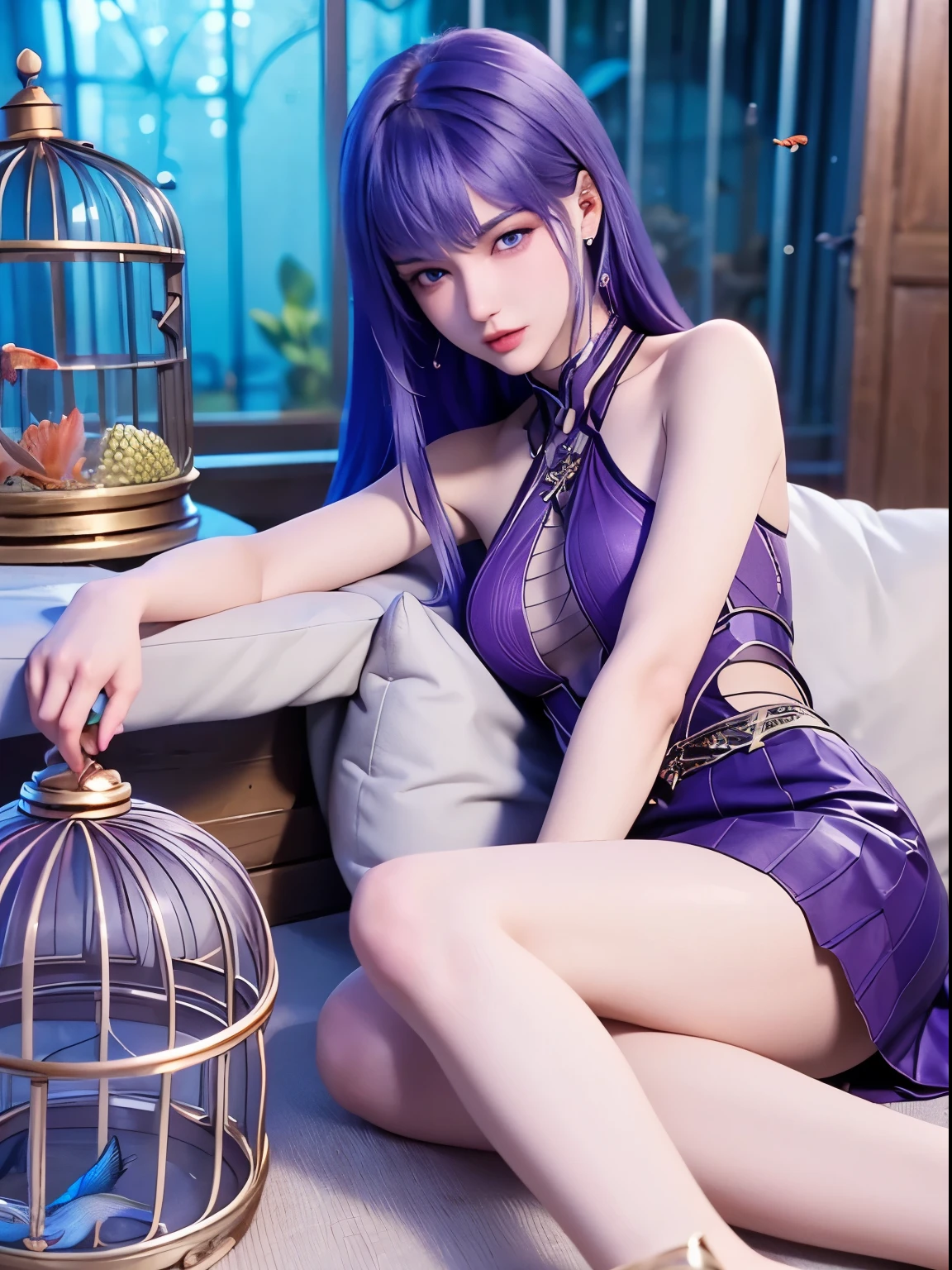 25-year-old Korean girl,1 Sister,girl on top, dive, I have a perfect face, eBlue eyes, income, dive,under the water深处,under the water,breaking,ton de asur,(((Fish cage as a whole, Purple colored hair,delicate high heels,smooth thigh,Exquisite facial features and beautiful eyes bodyesbian,while lying down,smooth thigh,The skirt is blocked