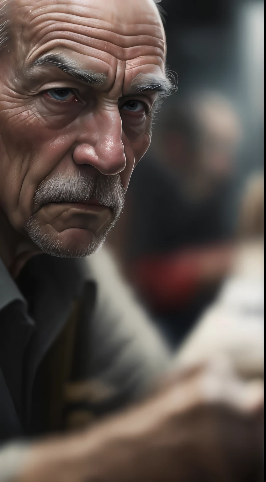 old man working hard, cinematic light, raised eyebrow, depth of field, first-person view, blurry foreground, UHD, 4K, textured skin, high detail