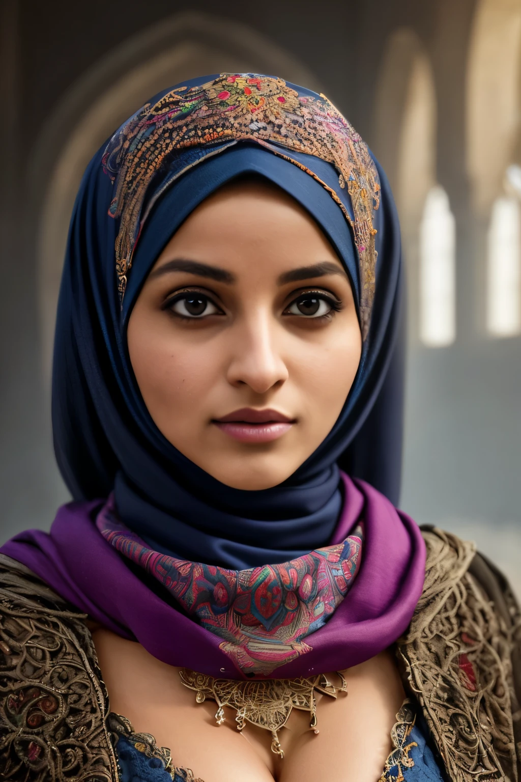 cleavage,resolution,Intricate portrait of a beautiful hijabi,triadic colors,8k,illuminated,with a backdrop of eerie dungeion . stunning interpretive visual,maximalist scarf and veil. f1.0lens,tilt-shift,shalllow DOF. dramatic lighting. chiaroscuro,