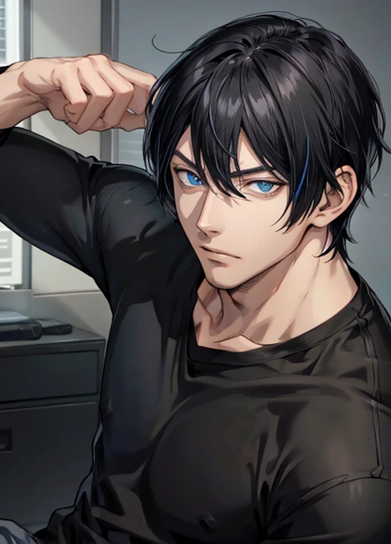 matured male, 1boy, 
Black shirt,Blue eyes,Anime style,With bangs